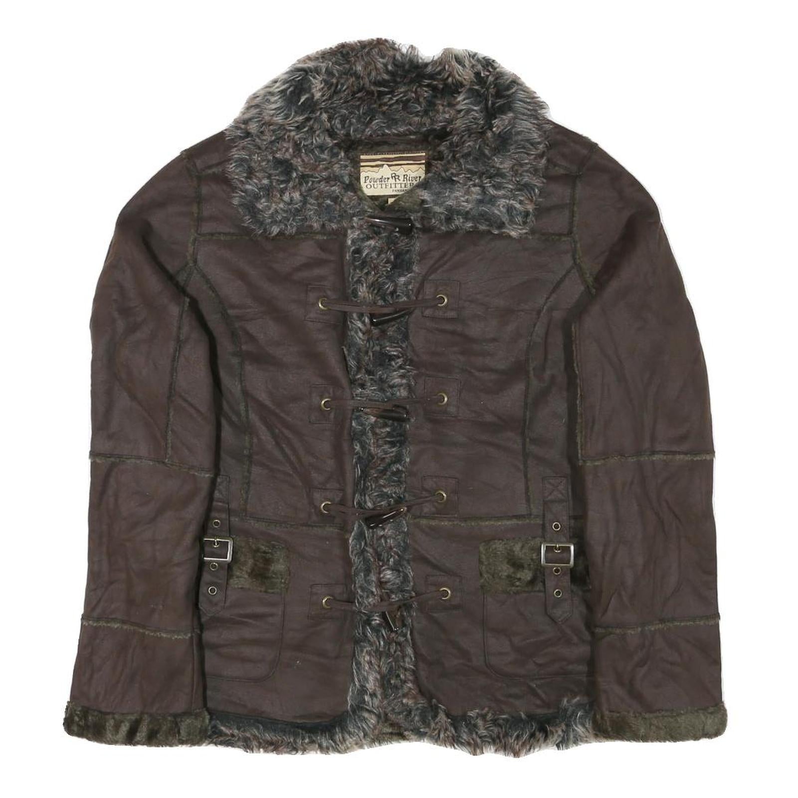 POWDER RIVER Womens Brown Suede Button Jacket L Woven Faux Fur Collar Pocket Refurbished - N/A refurbished available on Cerqular