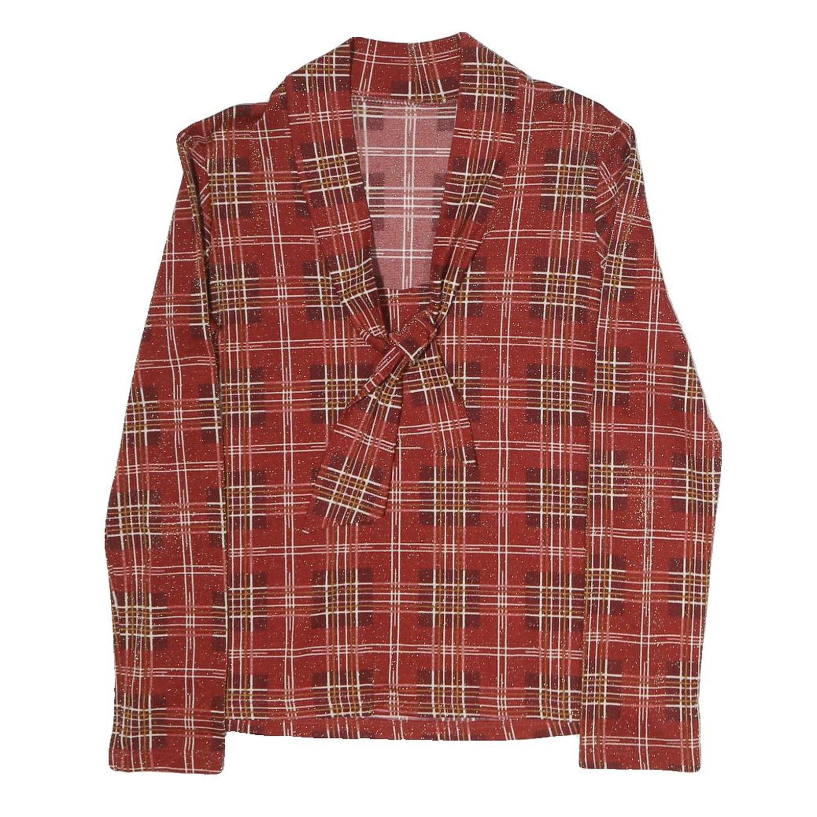Womens Red Plaid Bow Tie Long Sleeve V-Neck Polyester Top M Stylish Retro Refurbished - N/A refurbished available on Cerqular