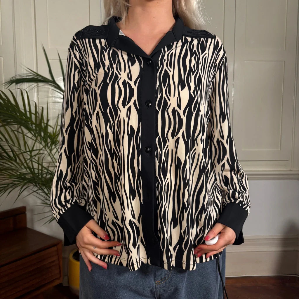 Perla Animal print Shirt - Large Cream Polyester Blend Refurbished - Thrifted (note: this is a term often used to describe second- refurbished available on Cerqular