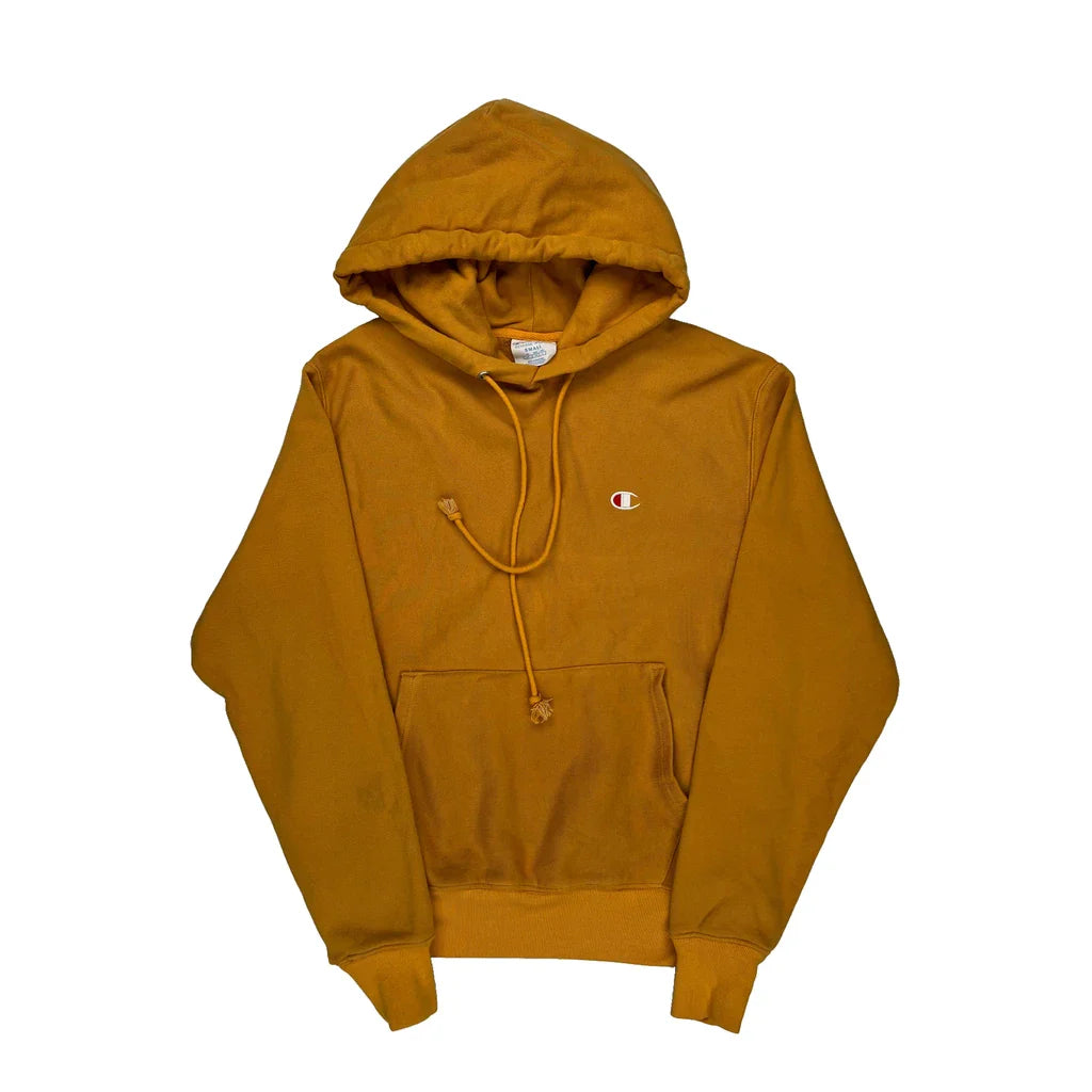 Reverse Weave Champion Hoodie - Small Yellow Cotton Refurbished - Thrifted (note: this is a term often used to describe second- refurbished available on Cerqular