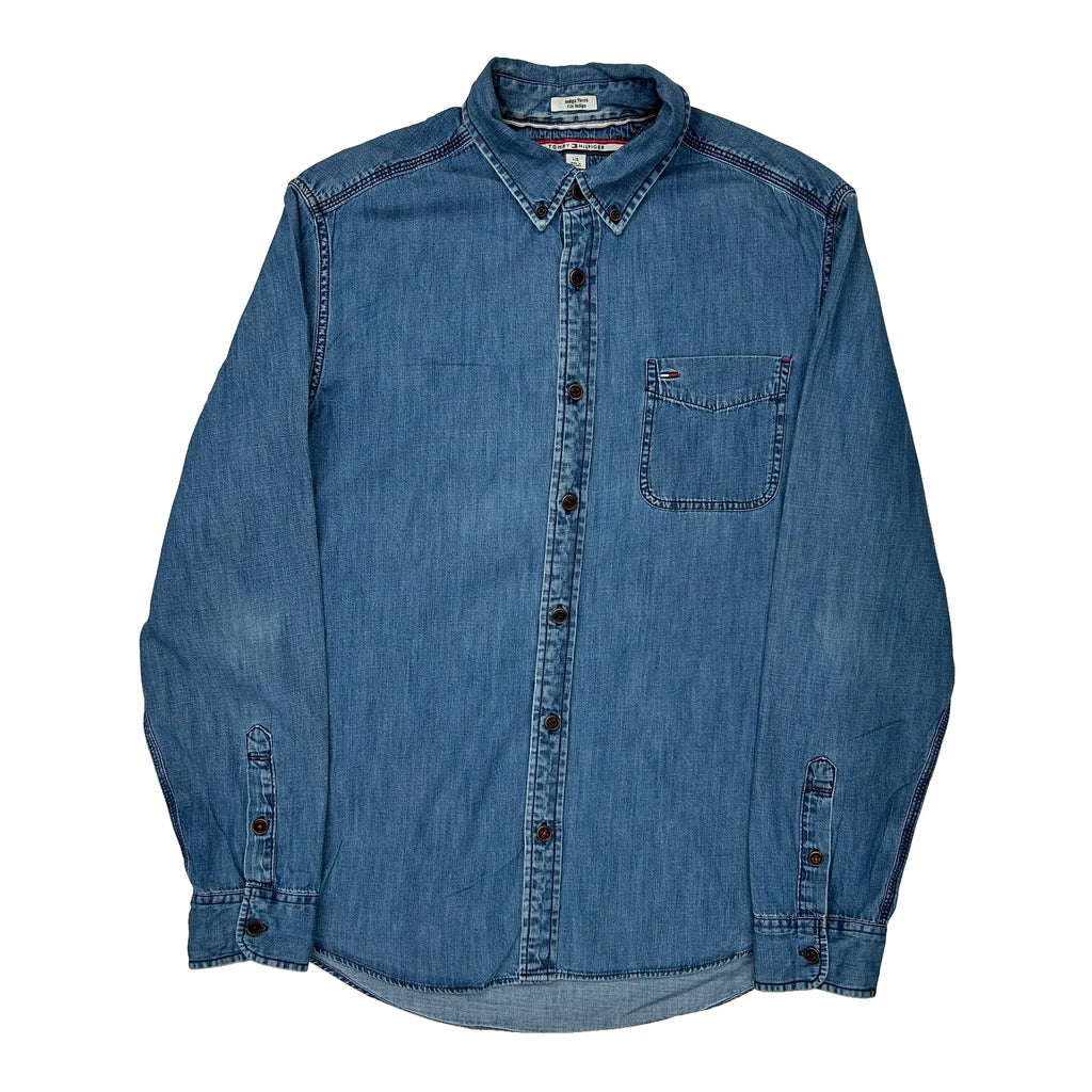 Tommy Hilfiger Denim Shirt - Large Blue Cotton Refurbished - Thrifted (note: this is a term often used to describe second- refurbished available on Cerqular