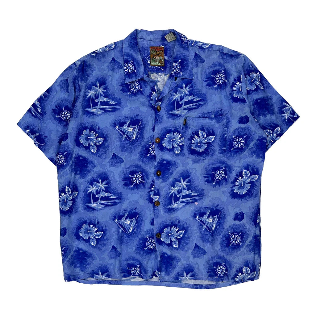 Pineapple Connection Floral Hawaiian Shirt - Large Blue Viscose Refurbished - Thrifted (note: this is a term often used to describe second- refurbished available on Cerqular