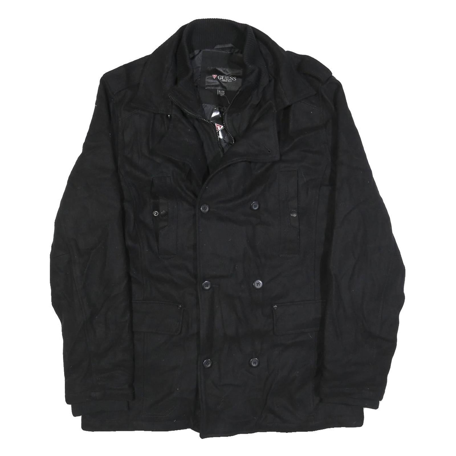 GUESS Mens Black Wool Blend Military Style Jacket XL Woven Zip Casual Outerwear Refurbished - N/A refurbished available on Cerqular