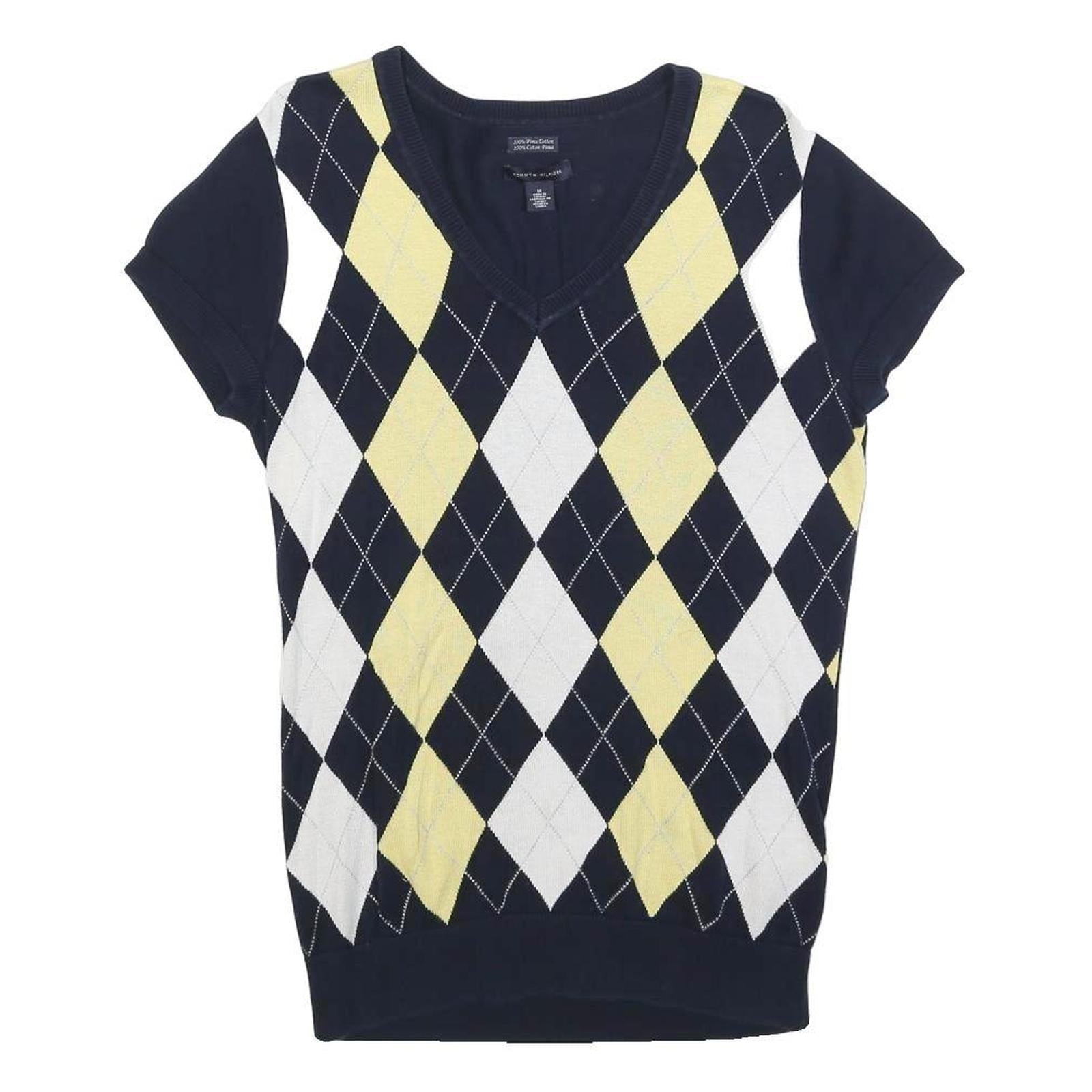 TOMMY HILFIGER Womens Blue Yellow White Patterned V-Neck Basic Knit M Cotton Refurbished - N/A refurbished available on Cerqular