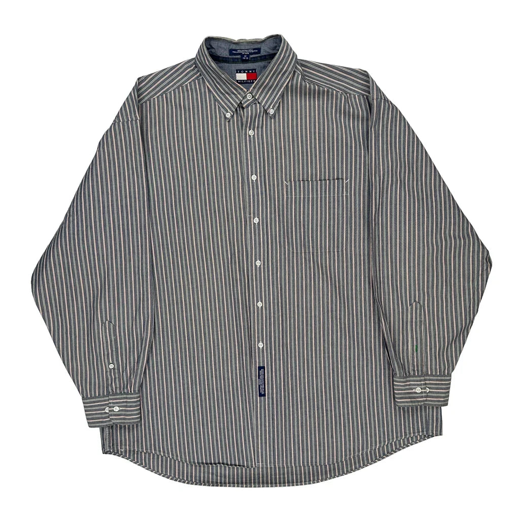Tommy Hilfiger Striped Shirt - 2XL Grey Cotton Refurbished - Thrifted (note: this is a term often used to describe second- refurbished available on Cerqular
