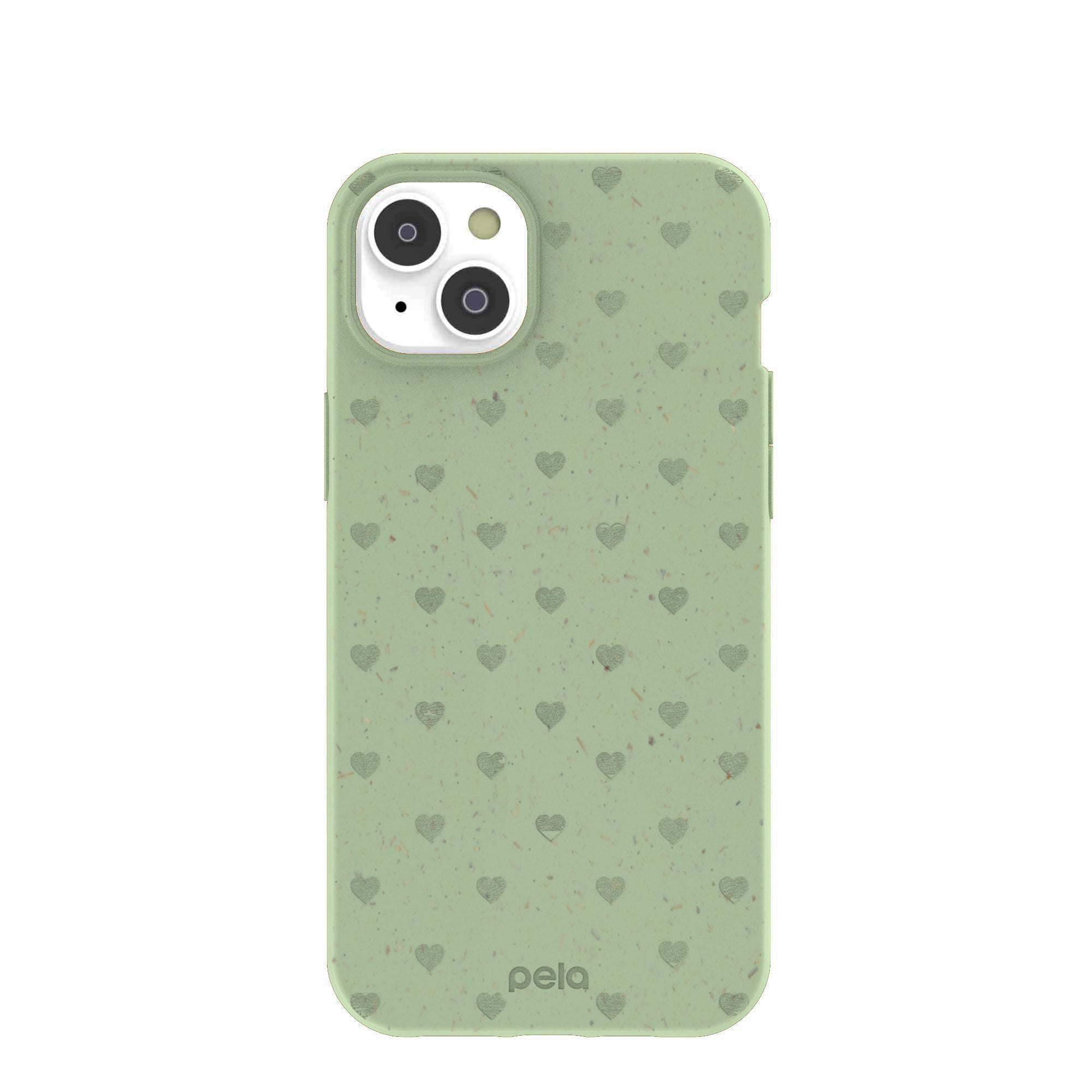 Sage Green Hearts iPhone 14 Plus Case Refurbished - Pela Case refurbished available on Cerqular