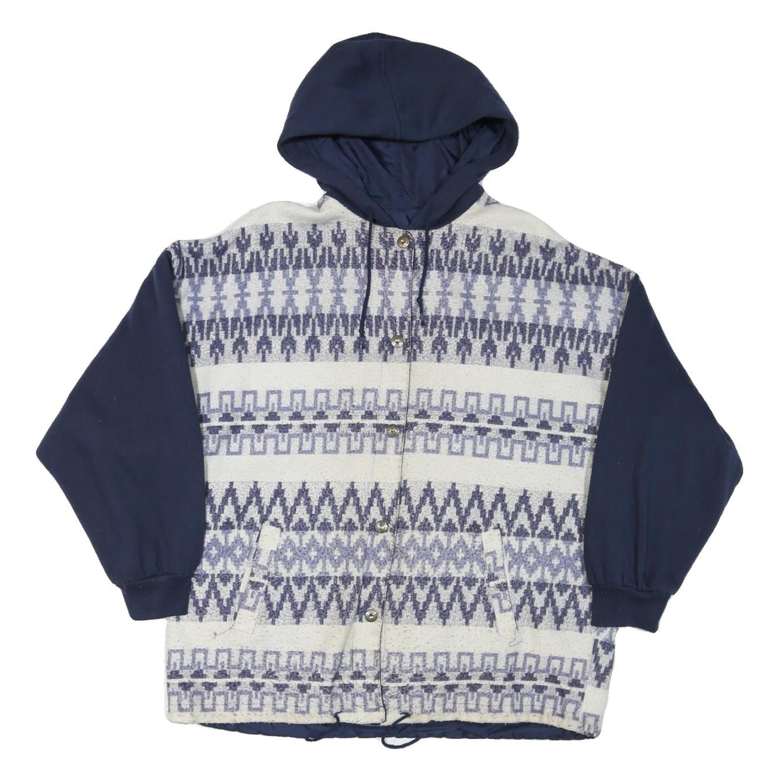 Womens Blue & White Patterned Button Jacket L Polyester Blend Hooded Casual Wear Refurbished - N/A refurbished available on Cerqular