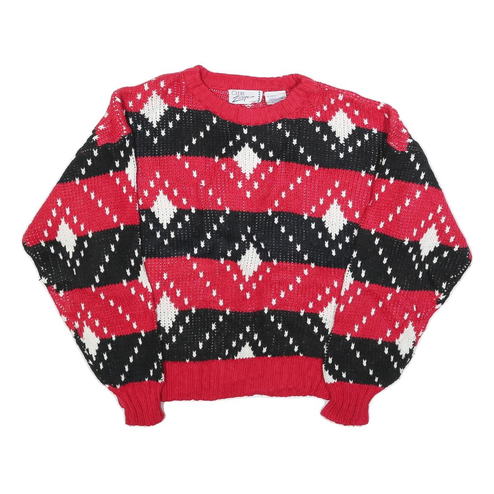 CLUB EUROPE Womens Red Black & White Patterned Jumper Round Neck Chunky Knit M Refurbished - N/A refurbished available on Cerqular