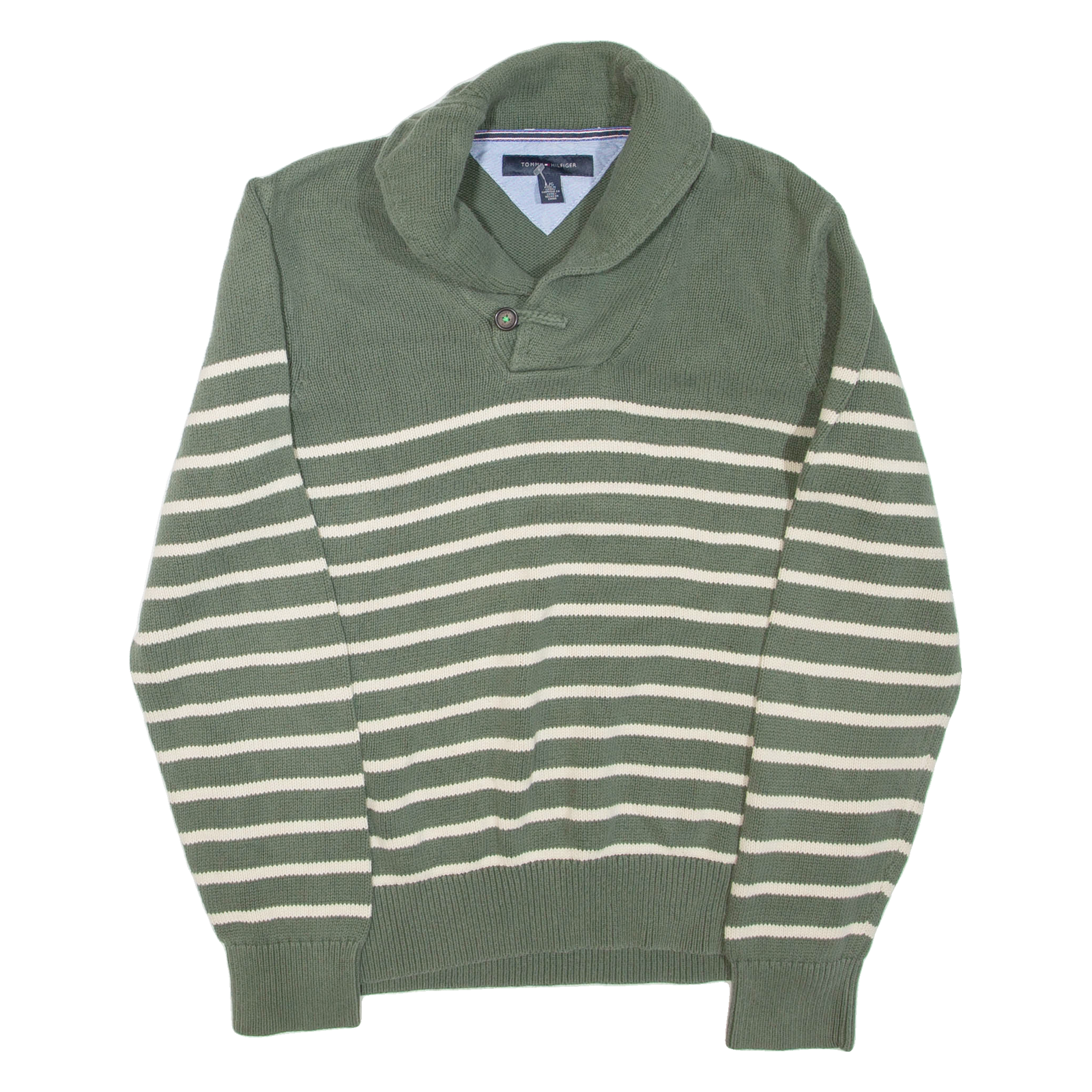 TOMMY HILFIGER Mens Patterned Jumper Green Striped Button Neck Tight Knit L Refurbished - N/A refurbished available on Cerqular