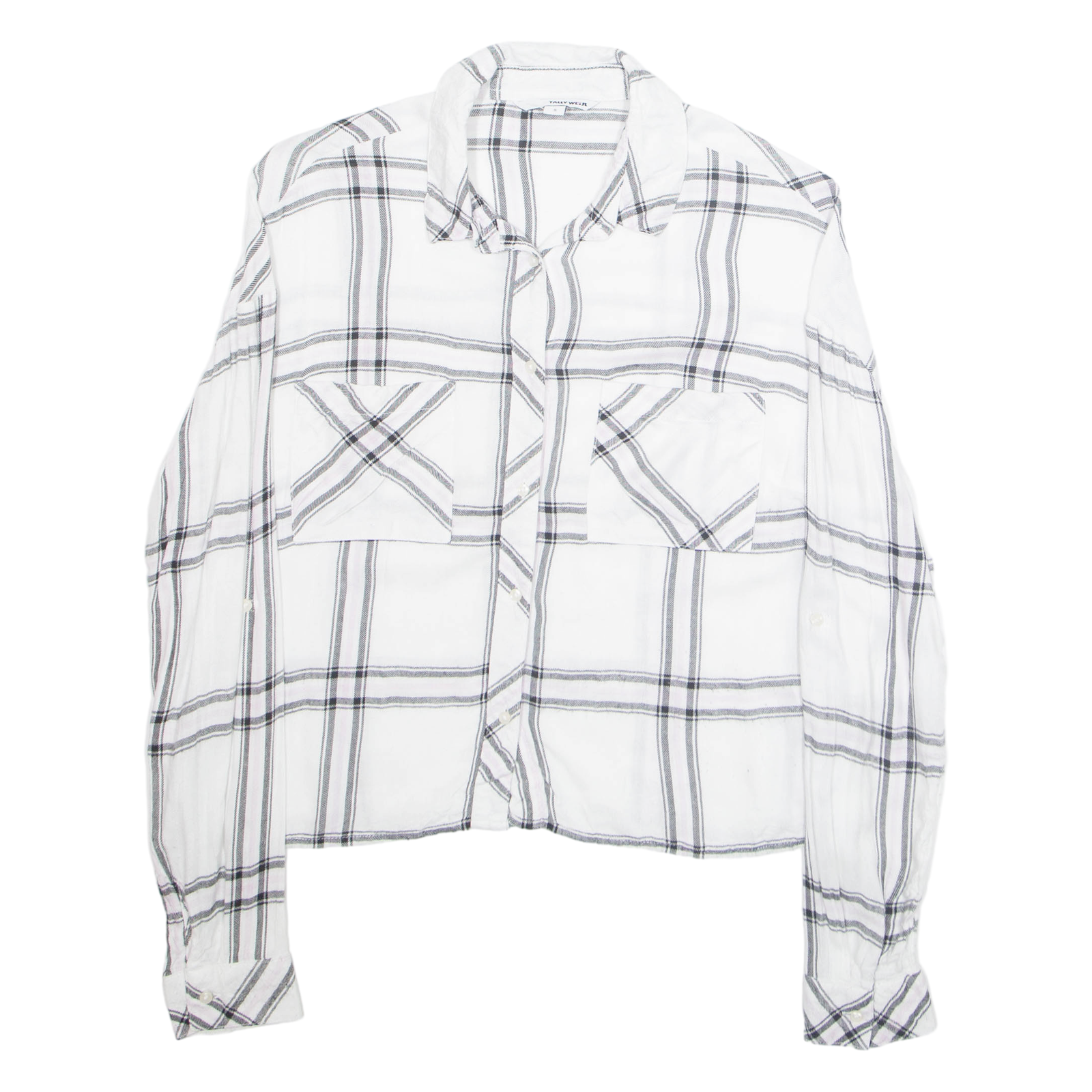 TALLY WEIJL Womens Cropped Blouse White Collared Long Sleeve Plaid S Refurbished - N/A refurbished available on Cerqular