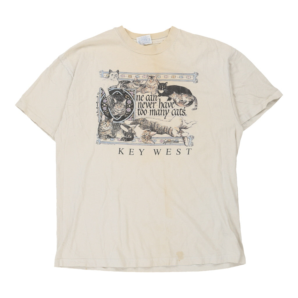 Key West Hanes Graphic T-Shirt - Large Cream Cotton | Size: large Refurbished - Thrifted (note: this is a term often used to describe second- refurbished available on Cerqular