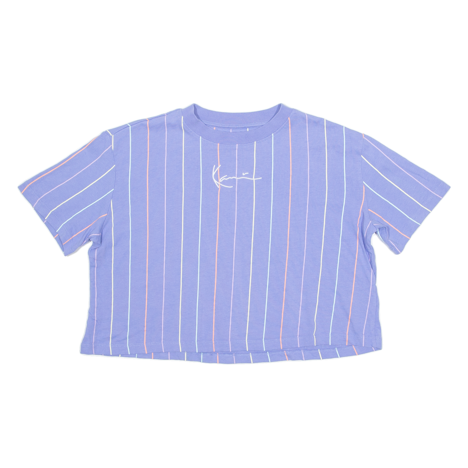 KARL KANI Cropped Pinstripe Mens T-Shirt Purple Crew Neck XS Refurbished - N/A refurbished available on Cerqular