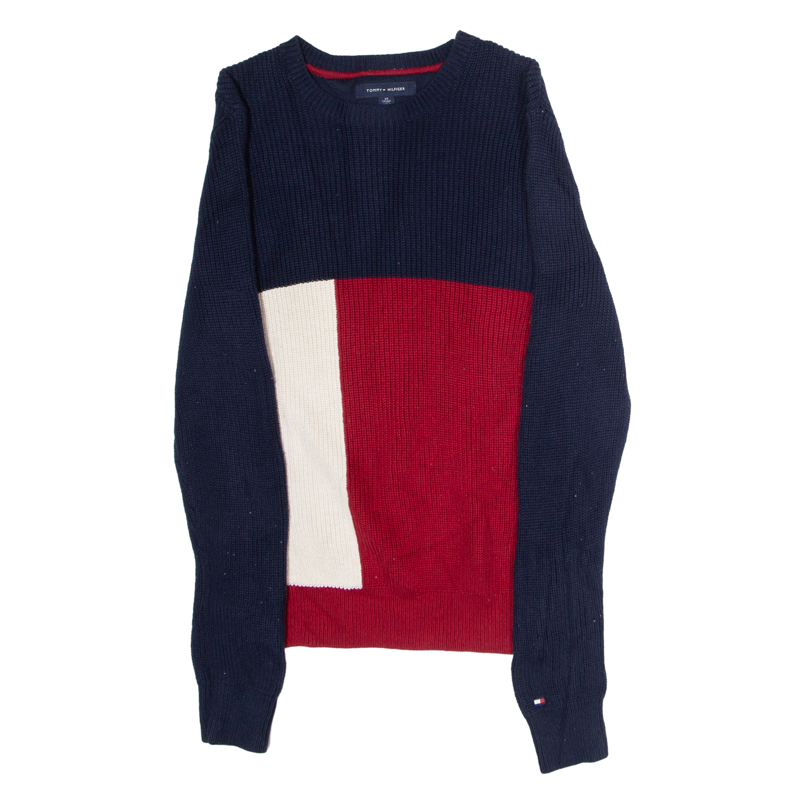 TOMMY HILFIGER Mens Patterned Jumper Blue Colourblock Crew Neck Tight Knit XS Refurbished - N/A refurbished available on Cerqular