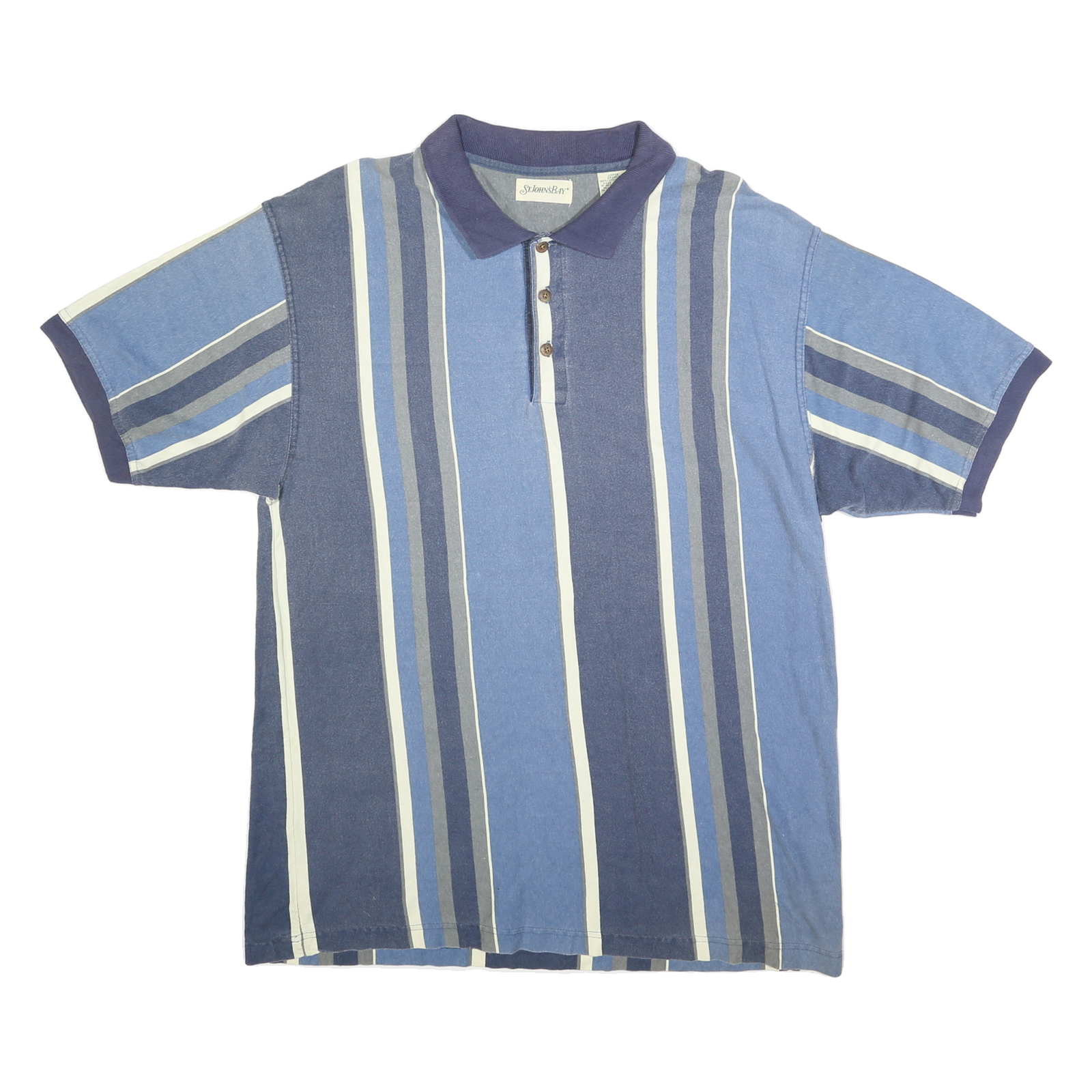 ST JOHNS BAY Mens Blue & Grey Striped Short Sleeve Polo Shirt L Cotton Blend Refurbished - N/A refurbished available on Cerqular