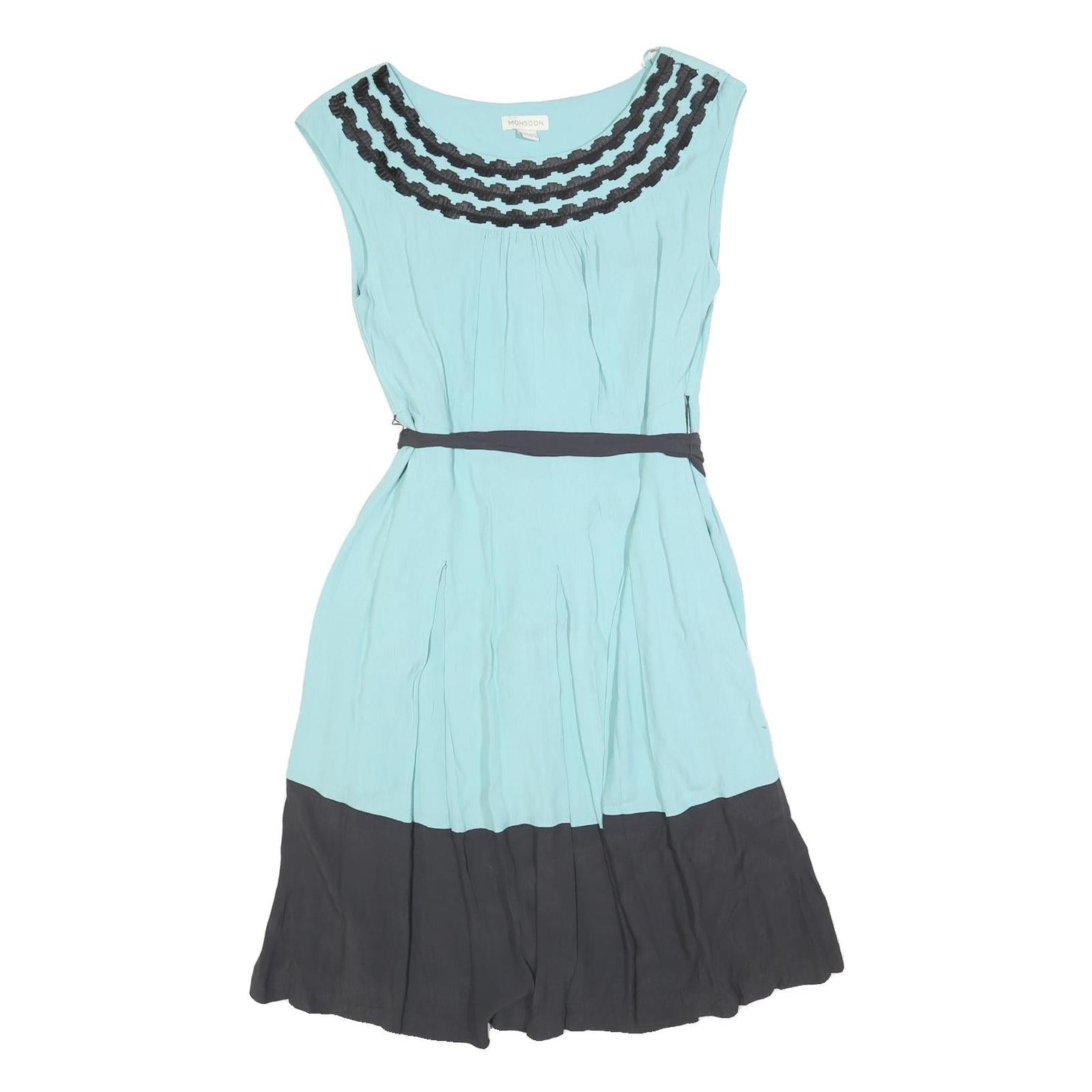 MONSOON Womens Blue & Black Fit & Flare Viscose Midi Dress UK 12 Belted Round Refurbished - N/A refurbished available on Cerqular