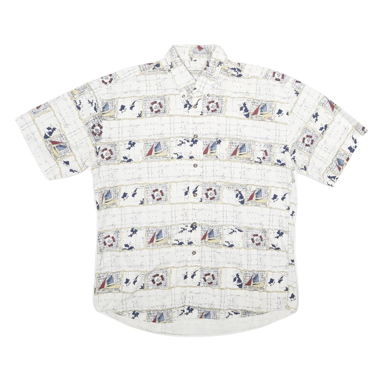 NATURAL ISSUE Mens White Nautical Print Cotton Shirt L Beach Casual Summer Refurbished - N/A refurbished available on Cerqular