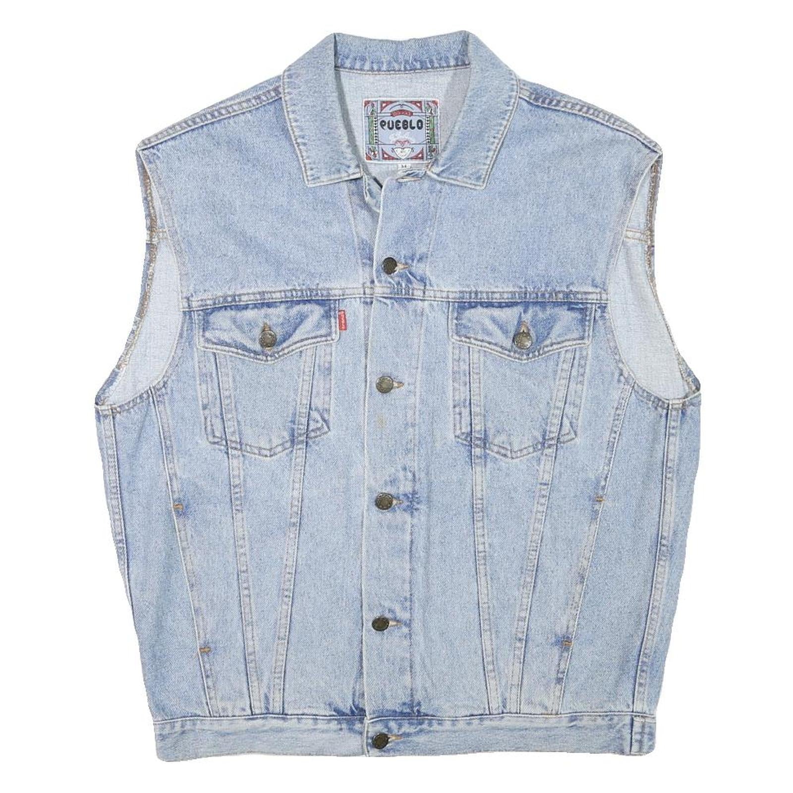 PUEBLO Mens Blue Light Denim Button Jacket M Cotton Blend Sleeveless Casual Refurbished - N/A refurbished available on Cerqular