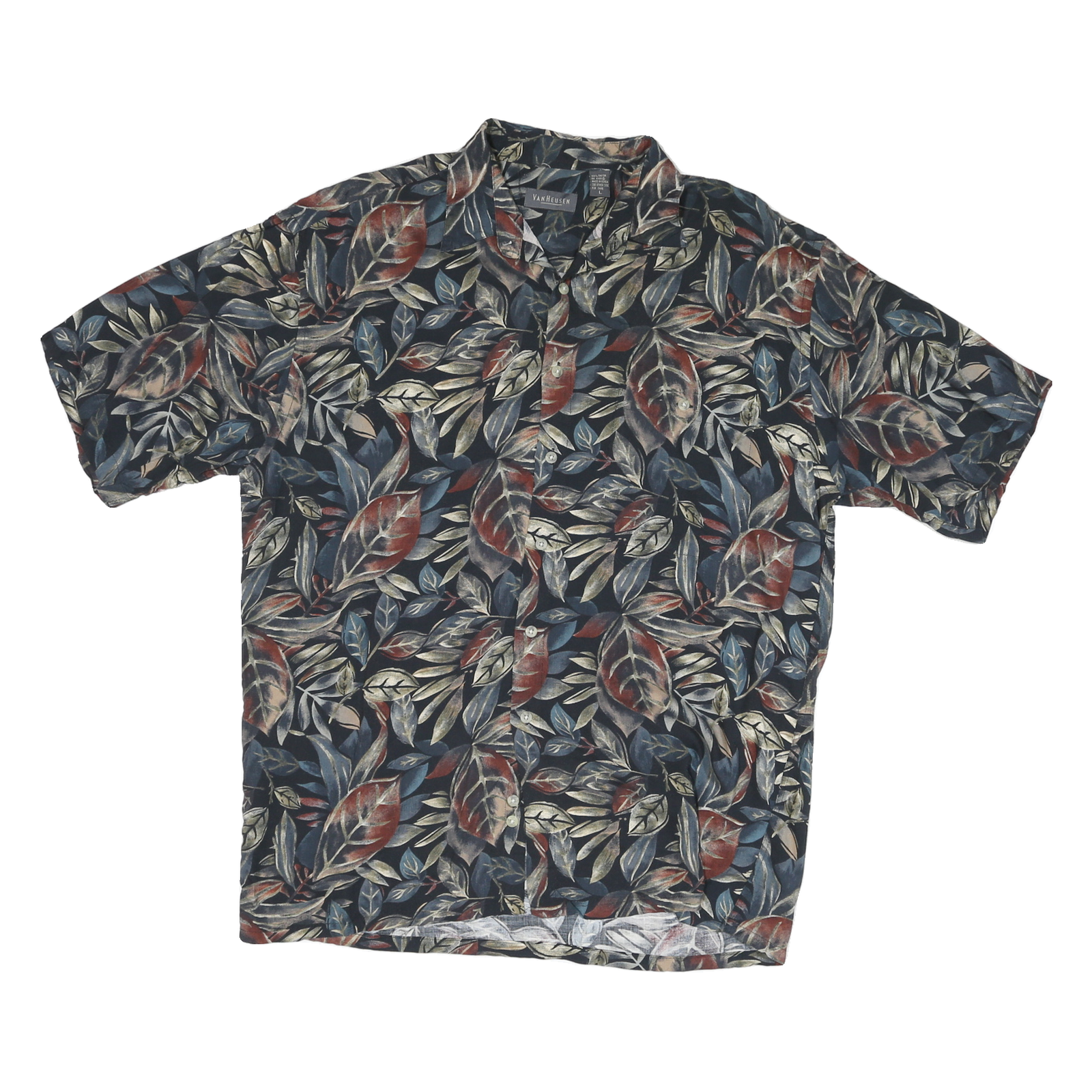 VAN HEUSEN Mens Blue & Brown Leaf Print Rayon Shirt L Casual Button Down Refurbished - N/A refurbished available on Cerqular