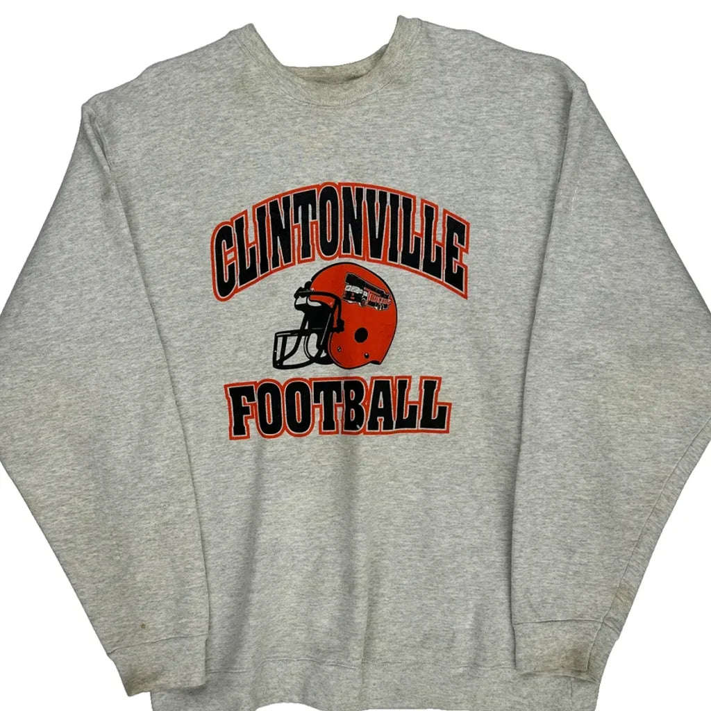 Clintonville Football Unbranded Sweatshirt - Medium Grey Cotton Blend Refurbished - Thrifted (note: this is a term often used to describe second- refurbished available on Cerqular
