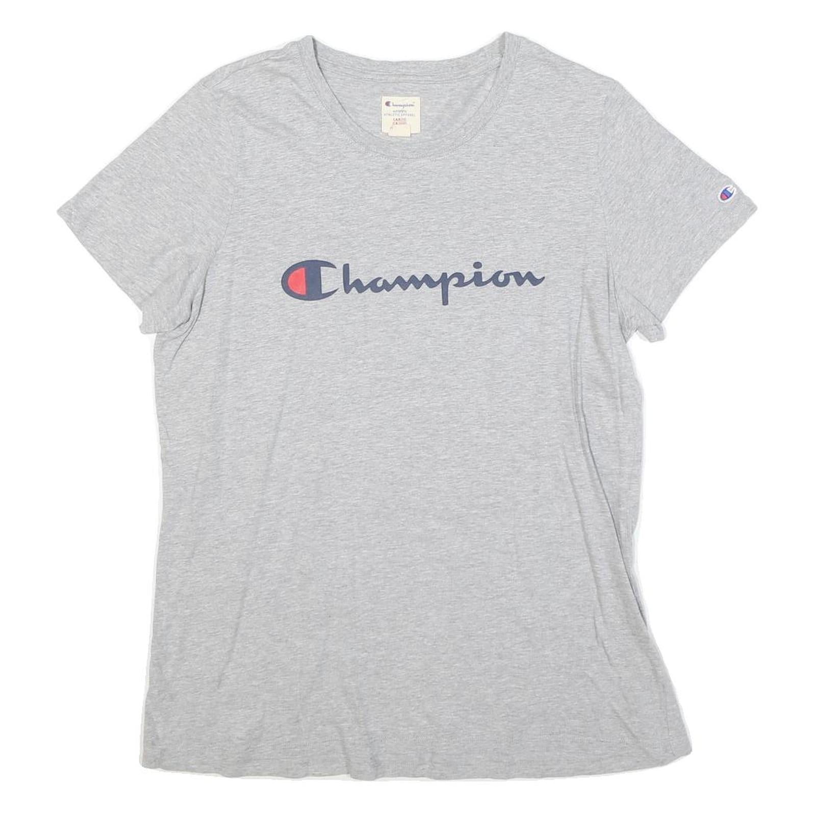 CHAMPION Womens Grey Blue Logo Modern T-Shirt L Short Sleeve Crew Neck Casual Refurbished - N/A refurbished available on Cerqular