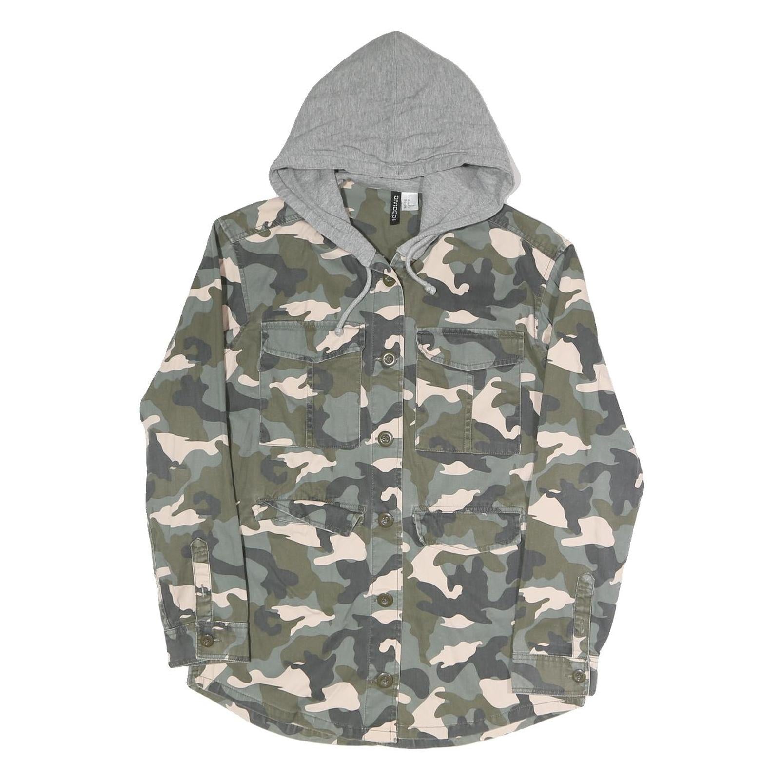 DIVIDED Womens Green & Grey Camouflage Hooded Button Cotton Blend Jacket M Refurbished - N/A refurbished available on Cerqular