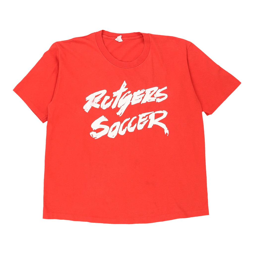 Single Stitch 1980s Rutgers Soccer.  Adidas Graphic T-Shirt - Large Red Cotton Refurbished - Thrifted (note: this is a term often used to describe second- refurbished available on Cerqular