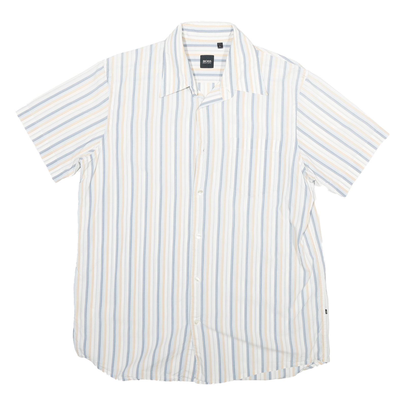 BOSS Mens White Blue & Beige Striped Cotton Blend Shirt L Casual Summer Short Refurbished - N/A refurbished available on Cerqular