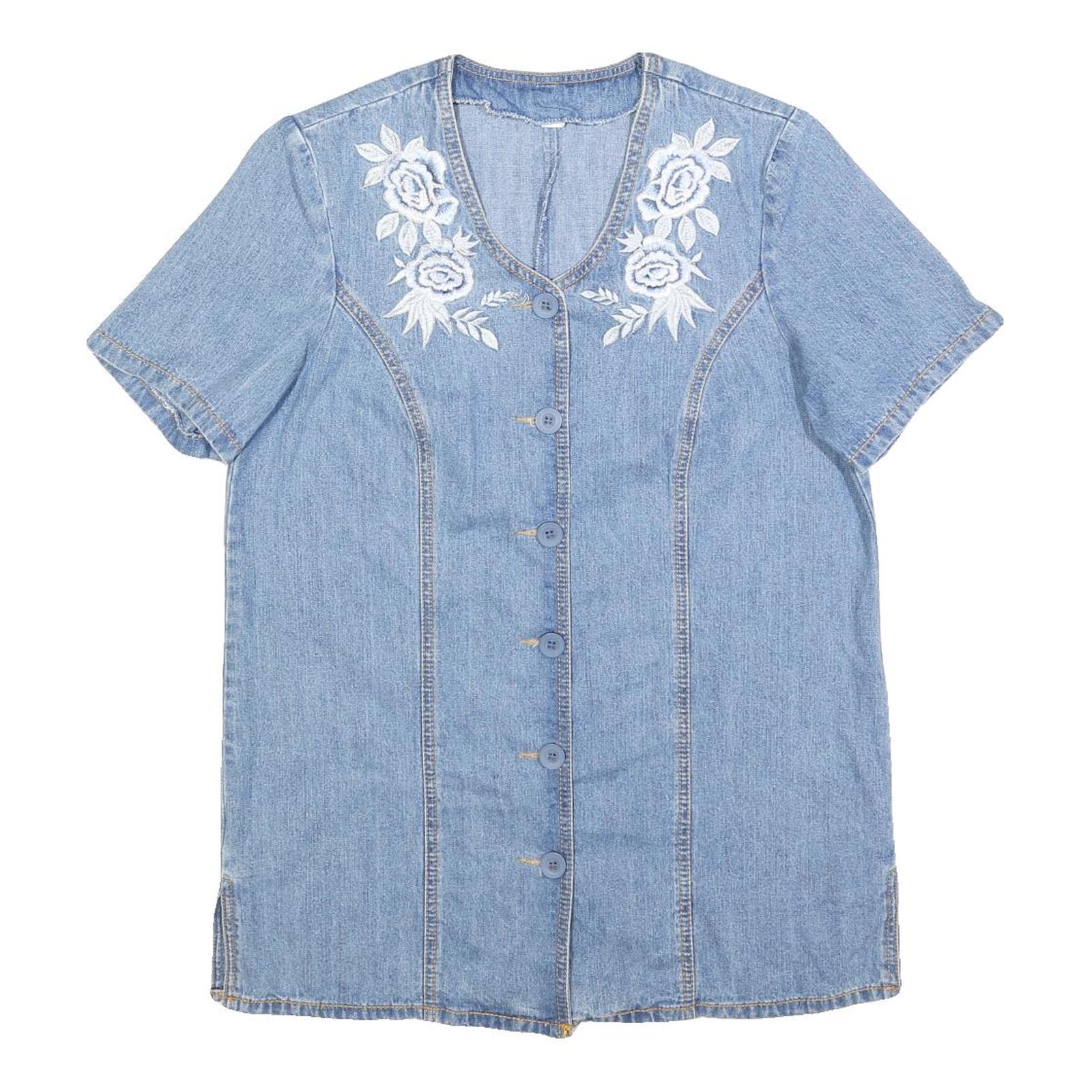 Womens Blue Denim Plain Top Short Sleeve V Neck Button Front L Refurbished - N/A refurbished available on Cerqular