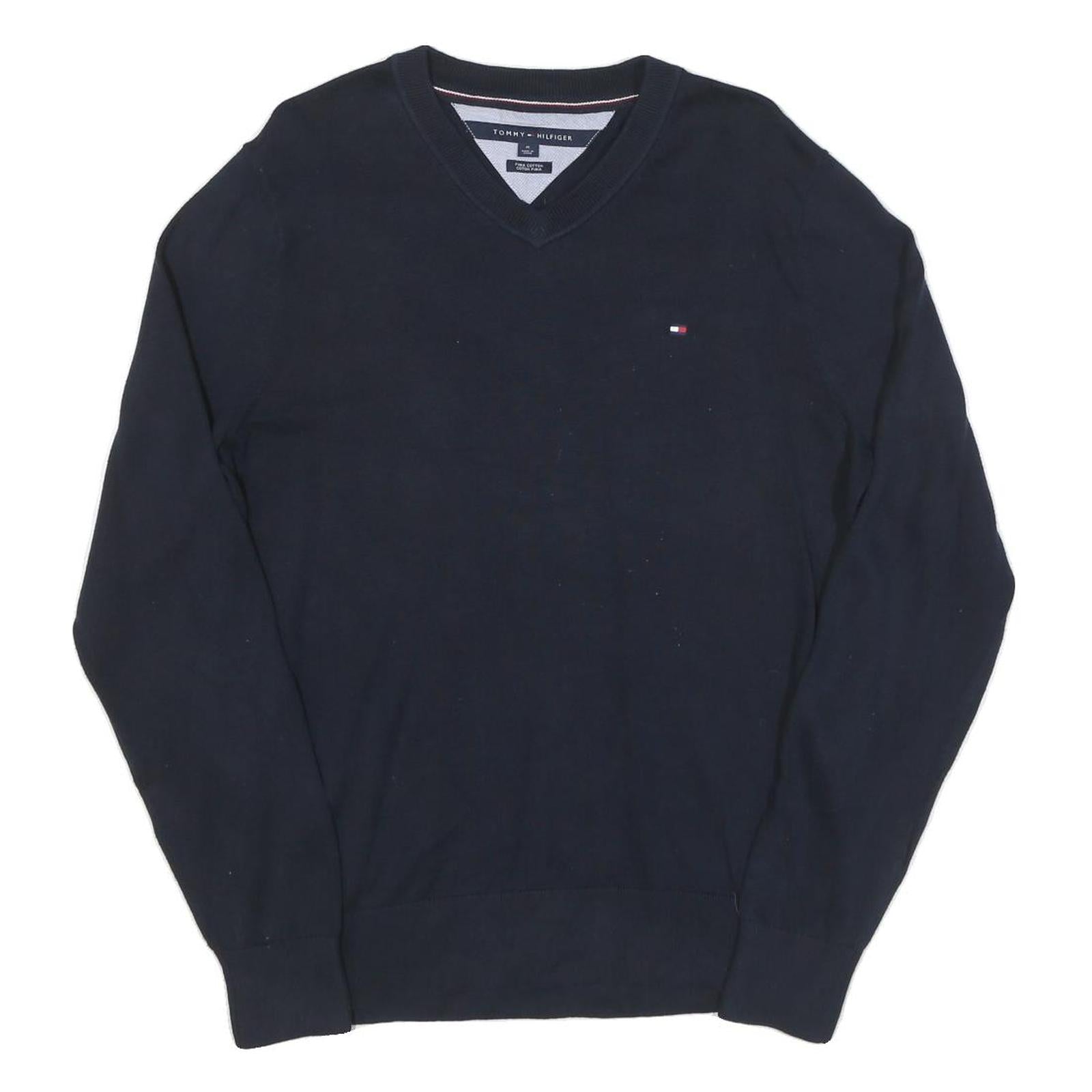 TOMMY HILFIGER Mens Navy Blue Plain V Neck Basic Knit Jumper M Cotton Blend Refurbished - N/A refurbished available on Cerqular