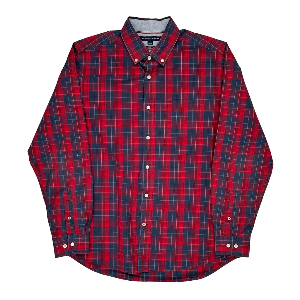 Tommy Hilfiger Checked Shirt - Medium Red Cotton Refurbished - Thrifted (note: this is a term often used to describe second- refurbished available on Cerqular