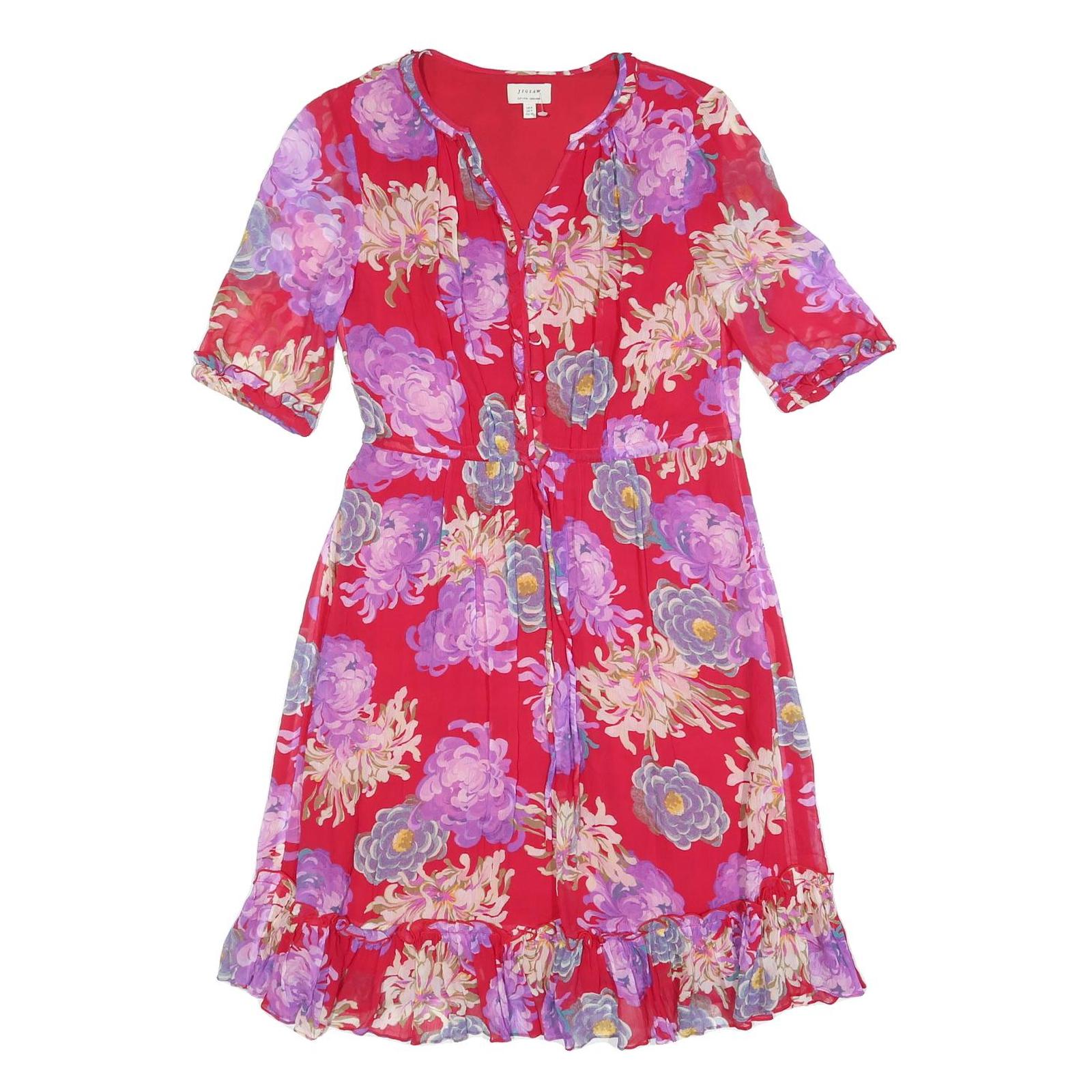JIGSAW Womens Red Floral Day Viscose Dress UK 8 Ruffled Hem Half Sleeve Refurbished - N/A refurbished available on Cerqular