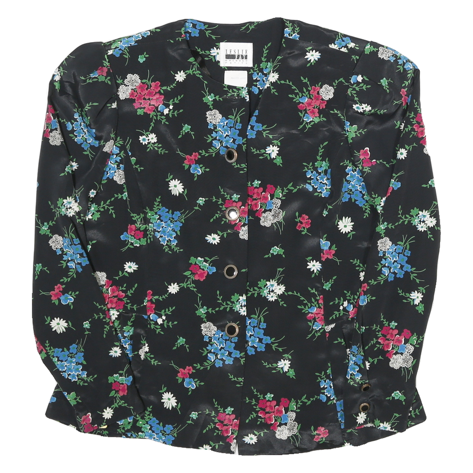 LESLIE FAY Womens Black Floral Printed Long Sleeve Round Neck Top S Elegant Refurbished - N/A refurbished available on Cerqular