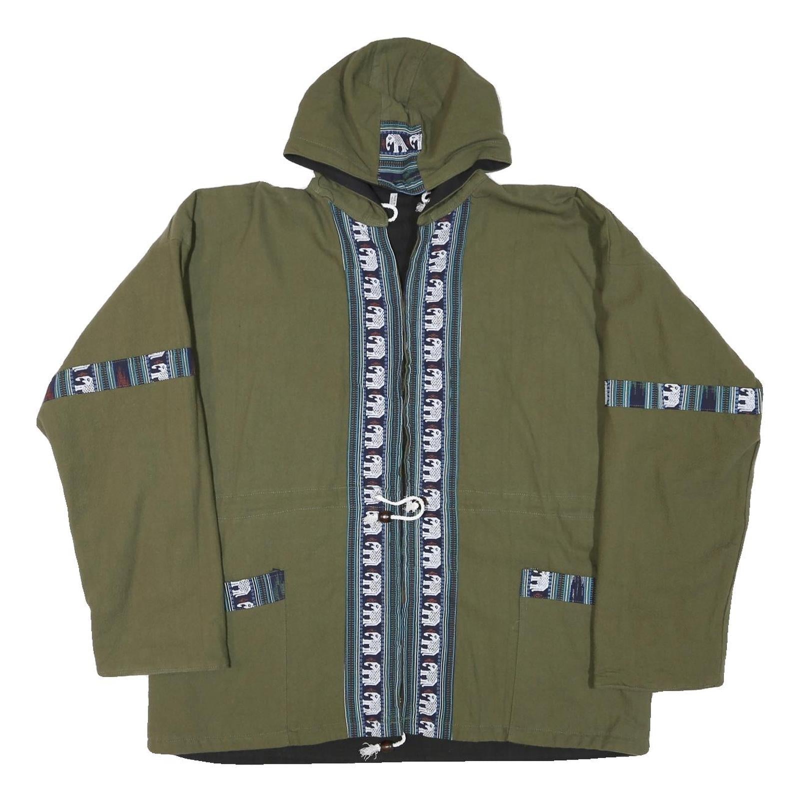 Mens Green Cotton Blend Zip Jacket L Plain Elephant Print Hooded Casual Refurbished - N/A refurbished available on Cerqular