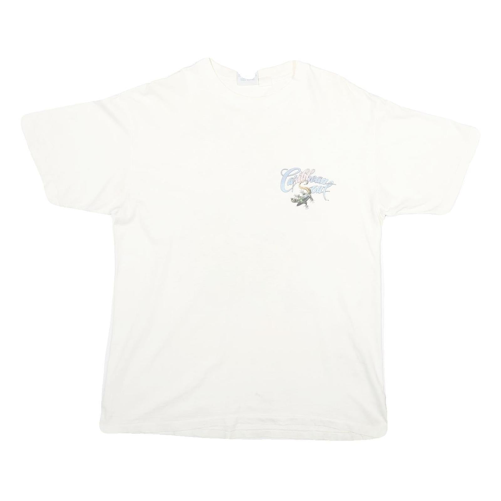 CARIBBEAN SOUL Mens White Graphic T-Shirt L Short Sleeve Crew Neck Tropical Refurbished - N/A refurbished available on Cerqular