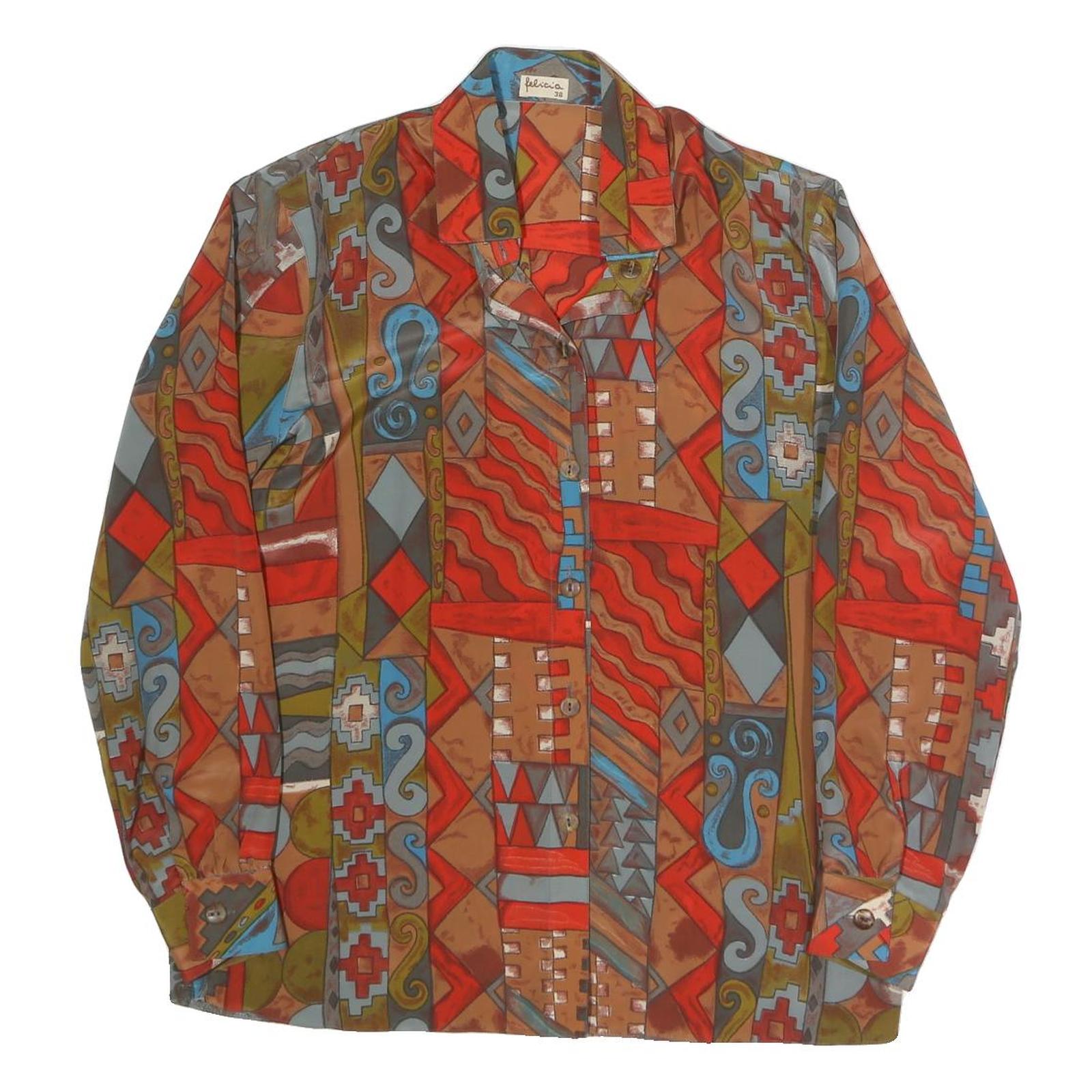 FELICIA Womens Red Brown Blue Printed Shirt Long Sleeve Collared S Vintage Style Refurbished - N/A refurbished available on Cerqular