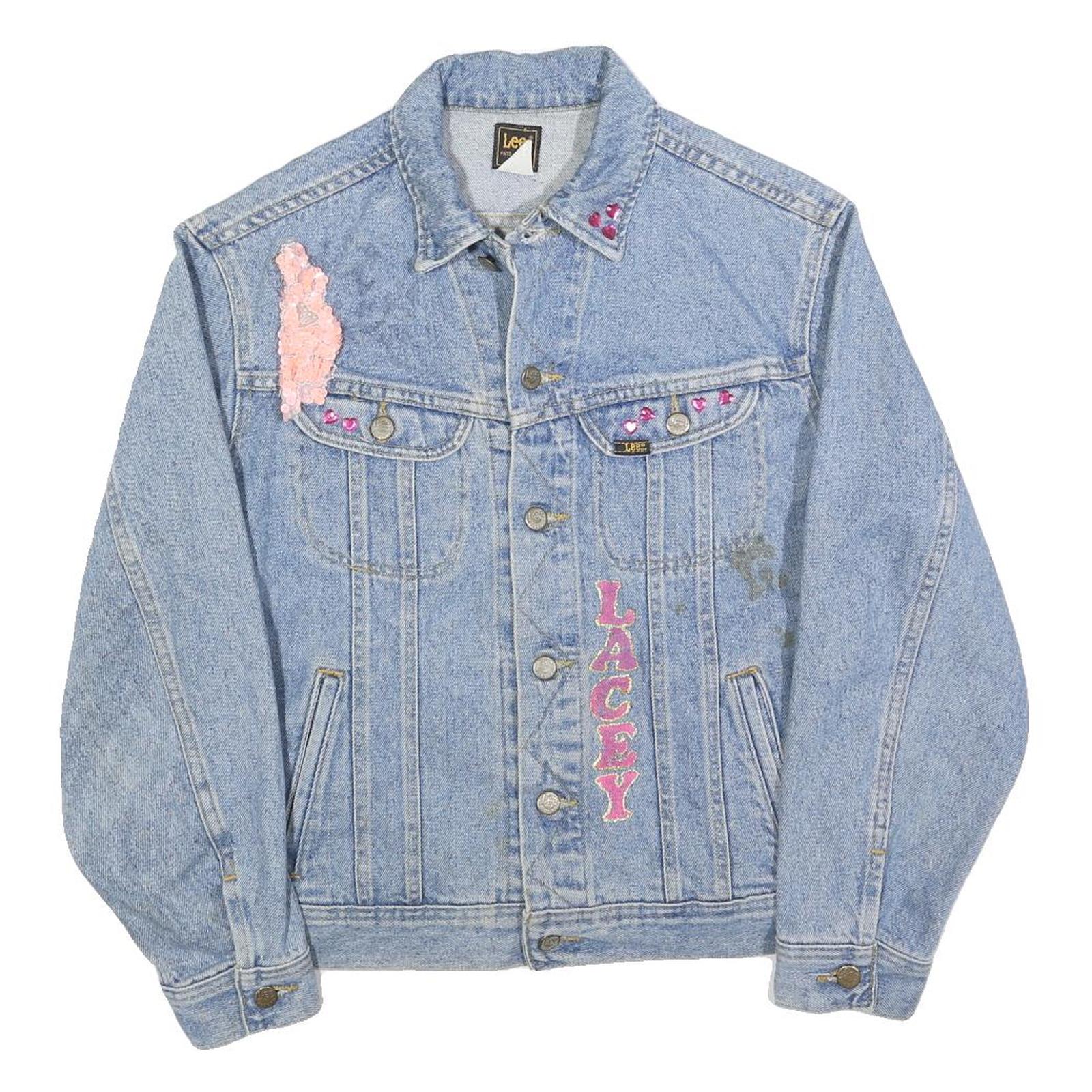 LEE Womens Blue Denim Jacket M Cotton Button Flamingo Embroidered Sequins Refurbished - N/A refurbished available on Cerqular