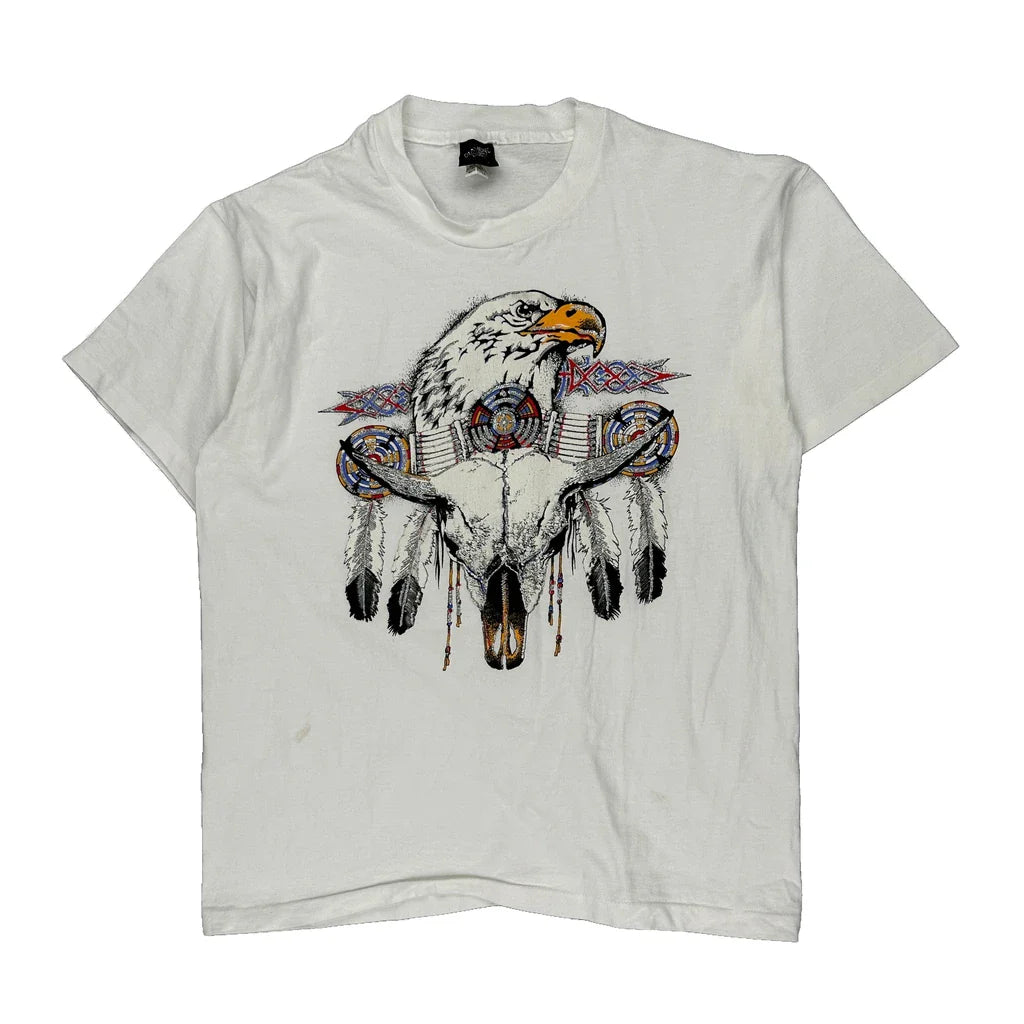 Eagle And Skull Graphic Diamond Dust Graphic T-Shirt - Large White Cotton Refurbished - Thrifted (note: this is a term often used to describe second- refurbished available on Cerqular