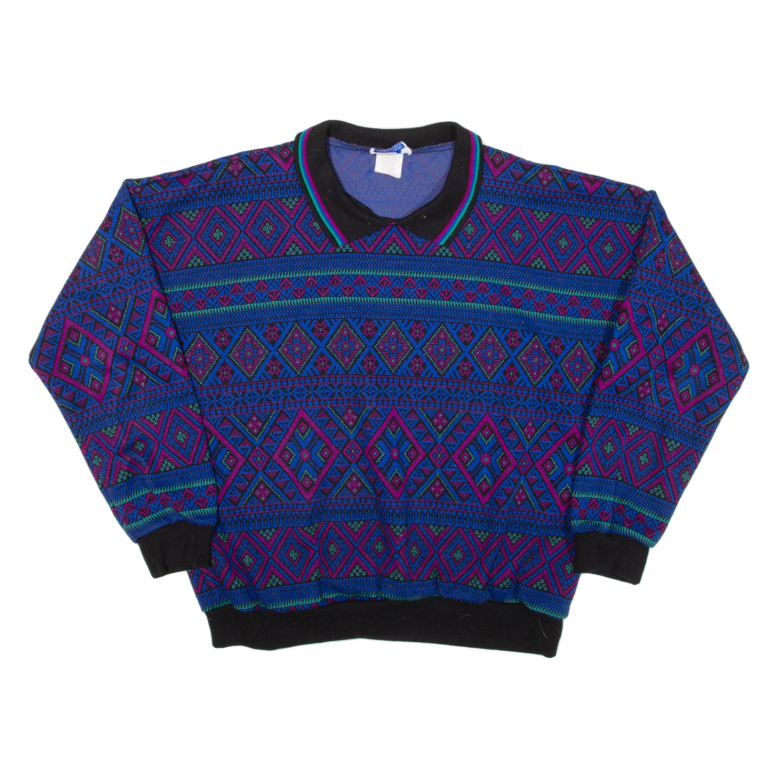 CAPE COD Womens Patterned Jumper Blue Crazy Pattern Collared 90s L Refurbished - N/A refurbished available on Cerqular