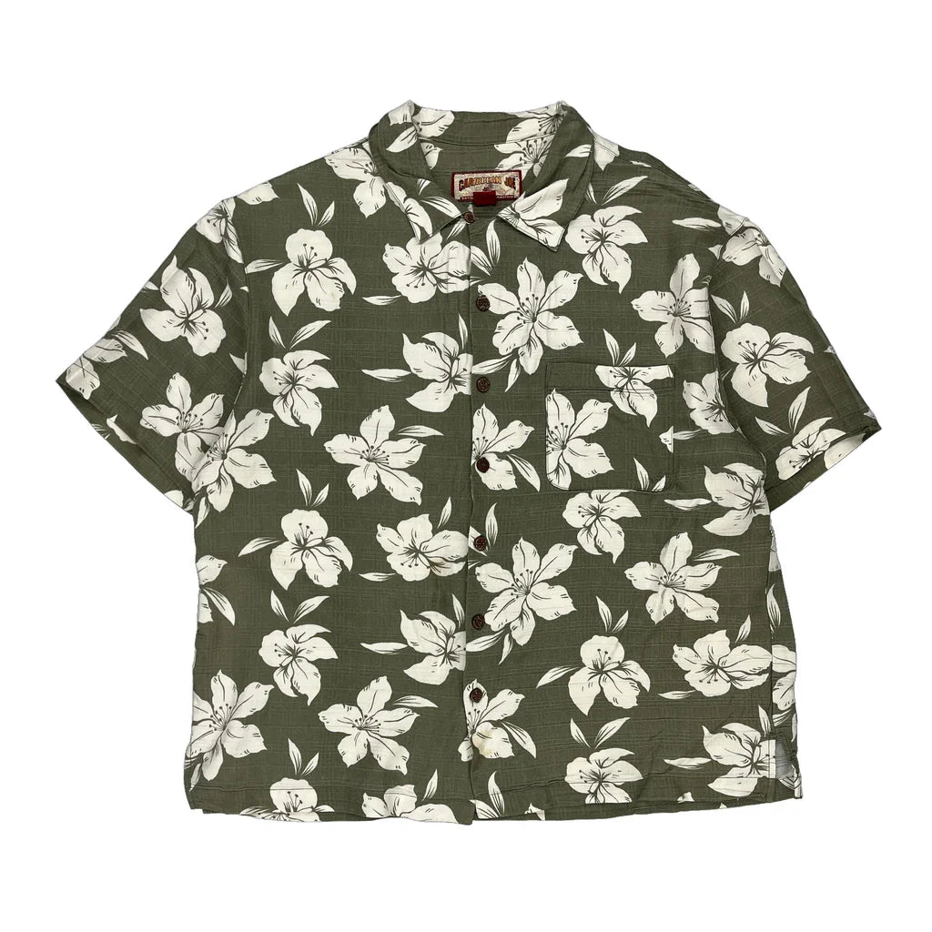 Caribbean Joe Floral Hawaiian Shirt - XL Green Viscose Refurbished - Thrifted (note: this is a term often used to describe second- refurbished available on Cerqular