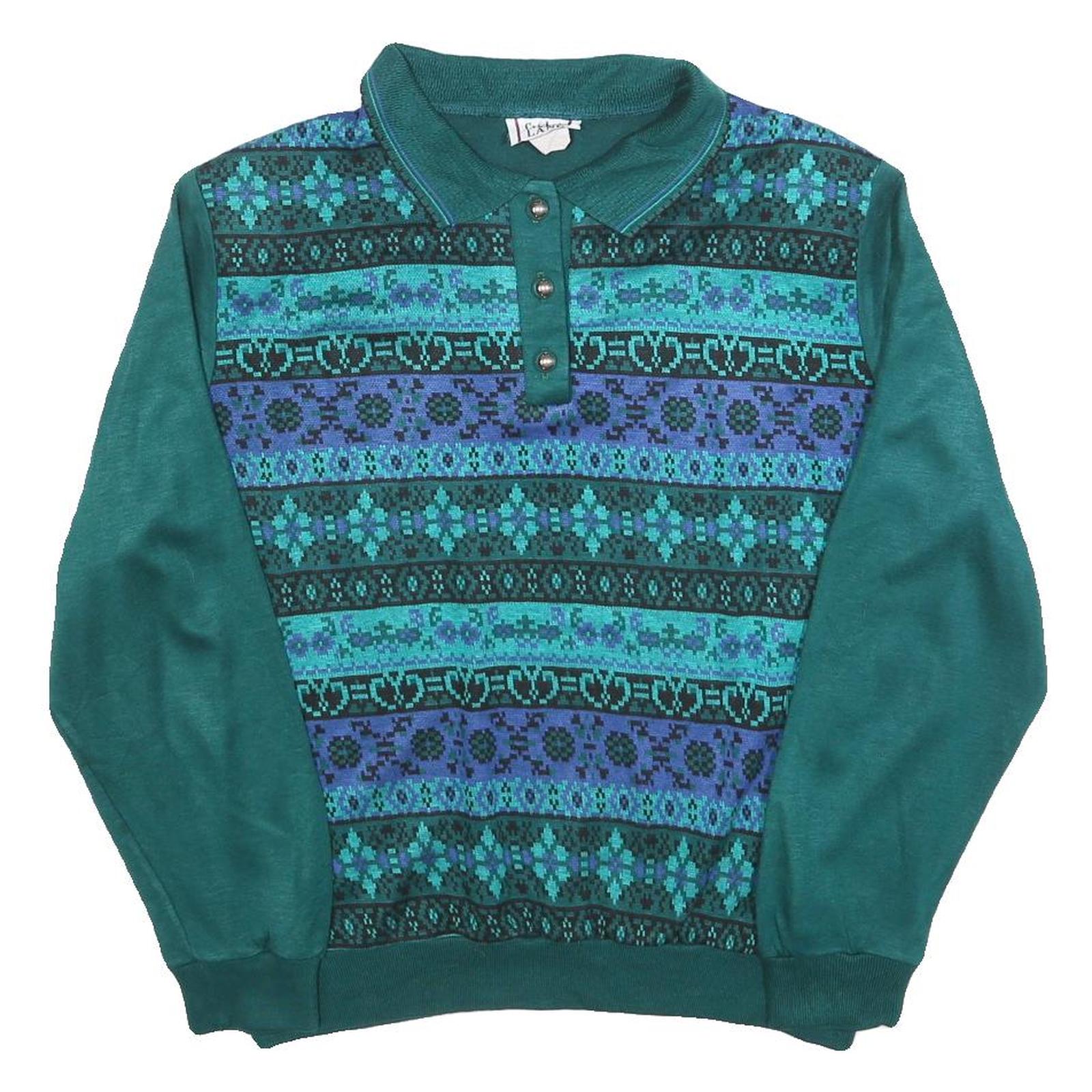 CRICKET LANE Womens Green Patterned Jumper Polo Neck Chunky Knit L Button Up Refurbished - N/A refurbished available on Cerqular