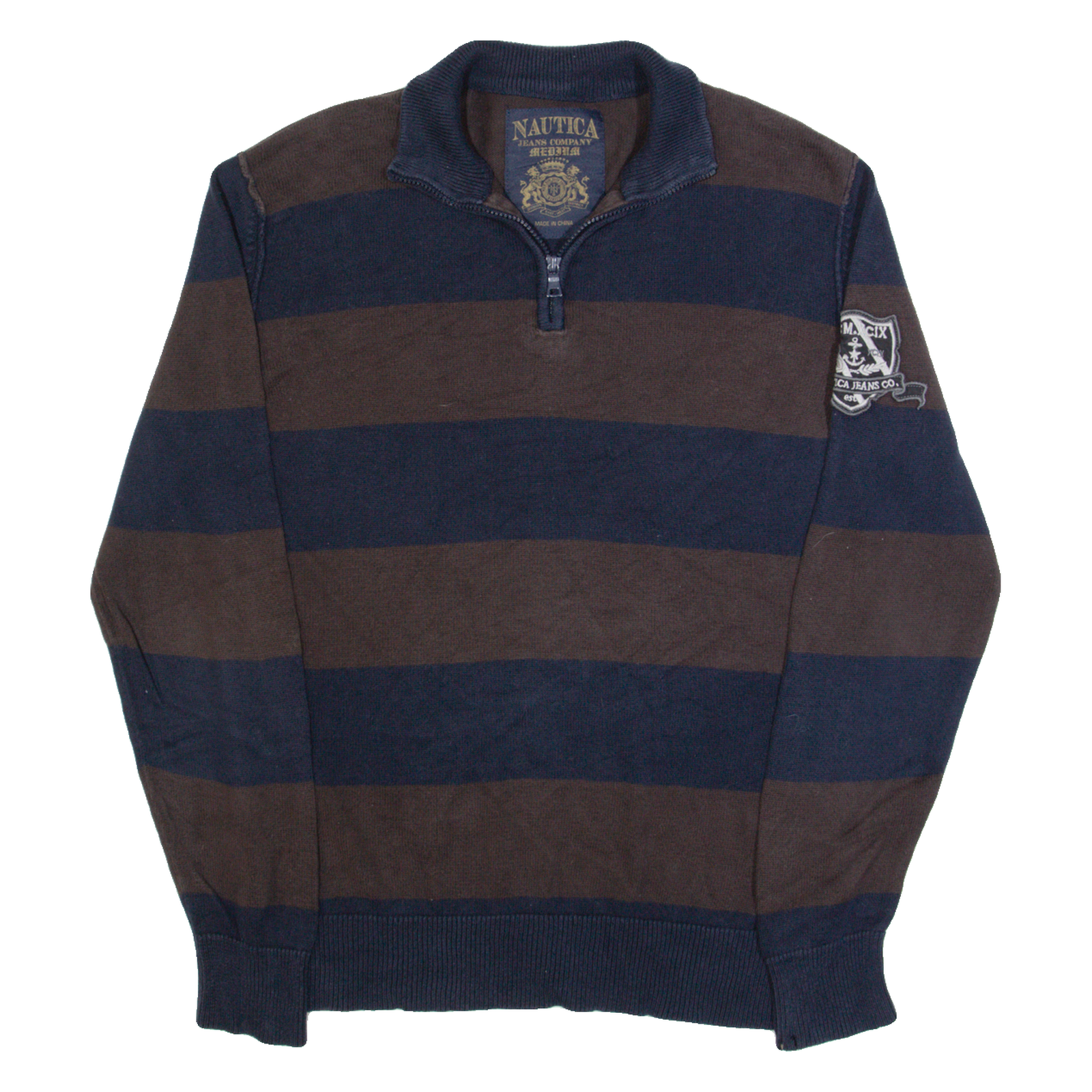 NAUTICA Mens Patterned Jumper Brown Striped 1/4 Zip Tight Knit M Refurbished - N/A refurbished available on Cerqular