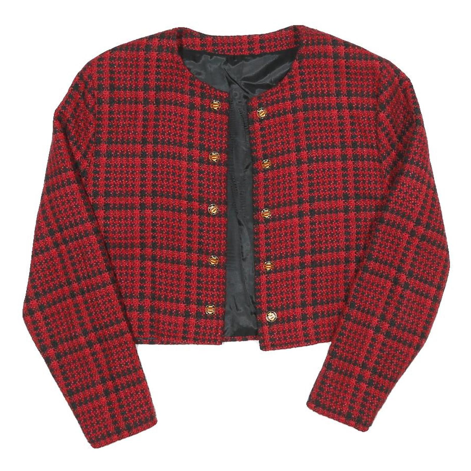 Womens Red & Black Check Cropped Jacket S Polyester Blend Checked Crop Elegant Refurbished - N/A refurbished available on Cerqular