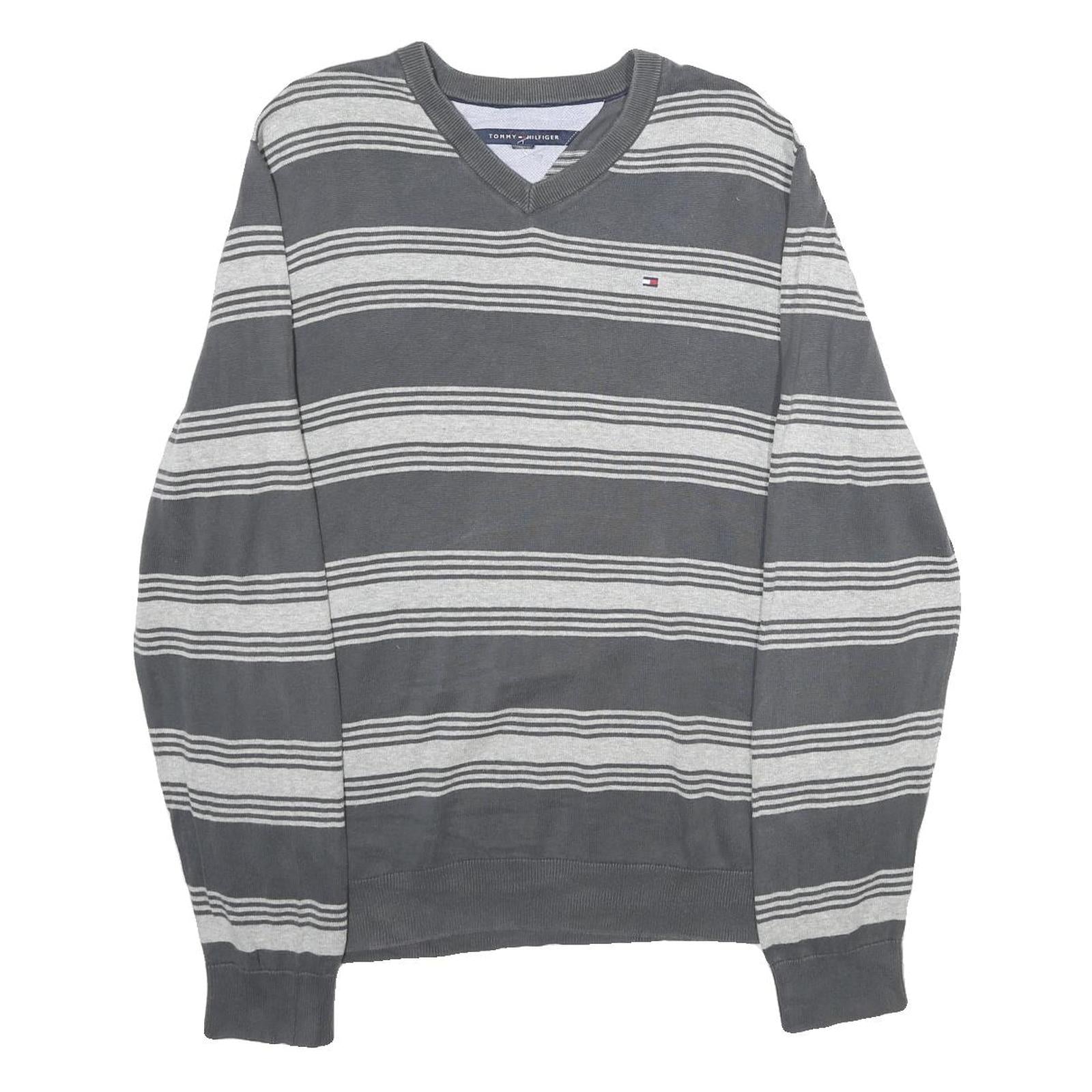 TOMMY HILFIGER Mens Grey & Light Grey Striped Plain V-Neck Basic Knit L Jumper Refurbished - N/A refurbished available on Cerqular
