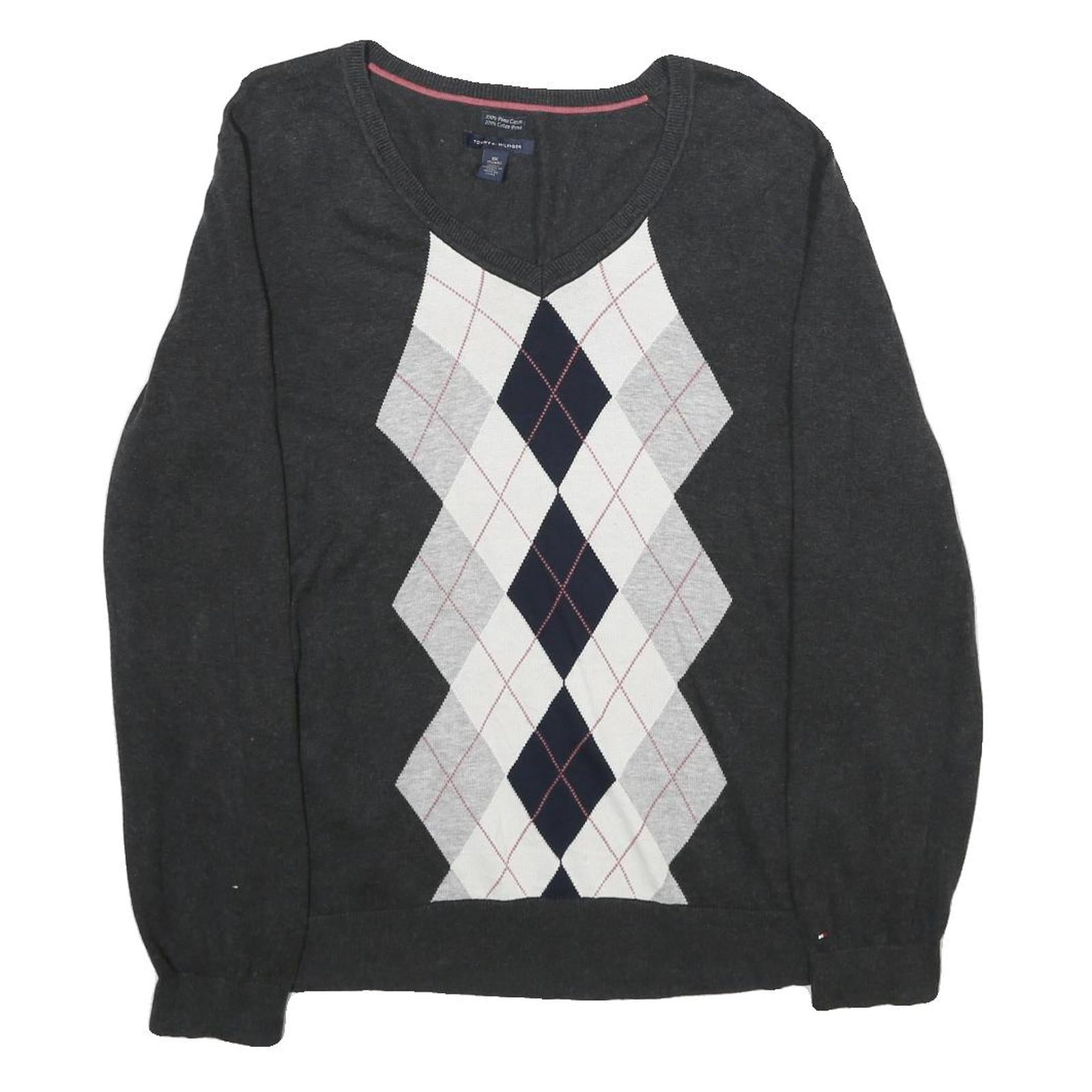 TOMMY HILFIGER Mens Charcoal Grey Patterned V-Neck Basic Knit 2XL Jumper Cotton Refurbished - N/A refurbished available on Cerqular