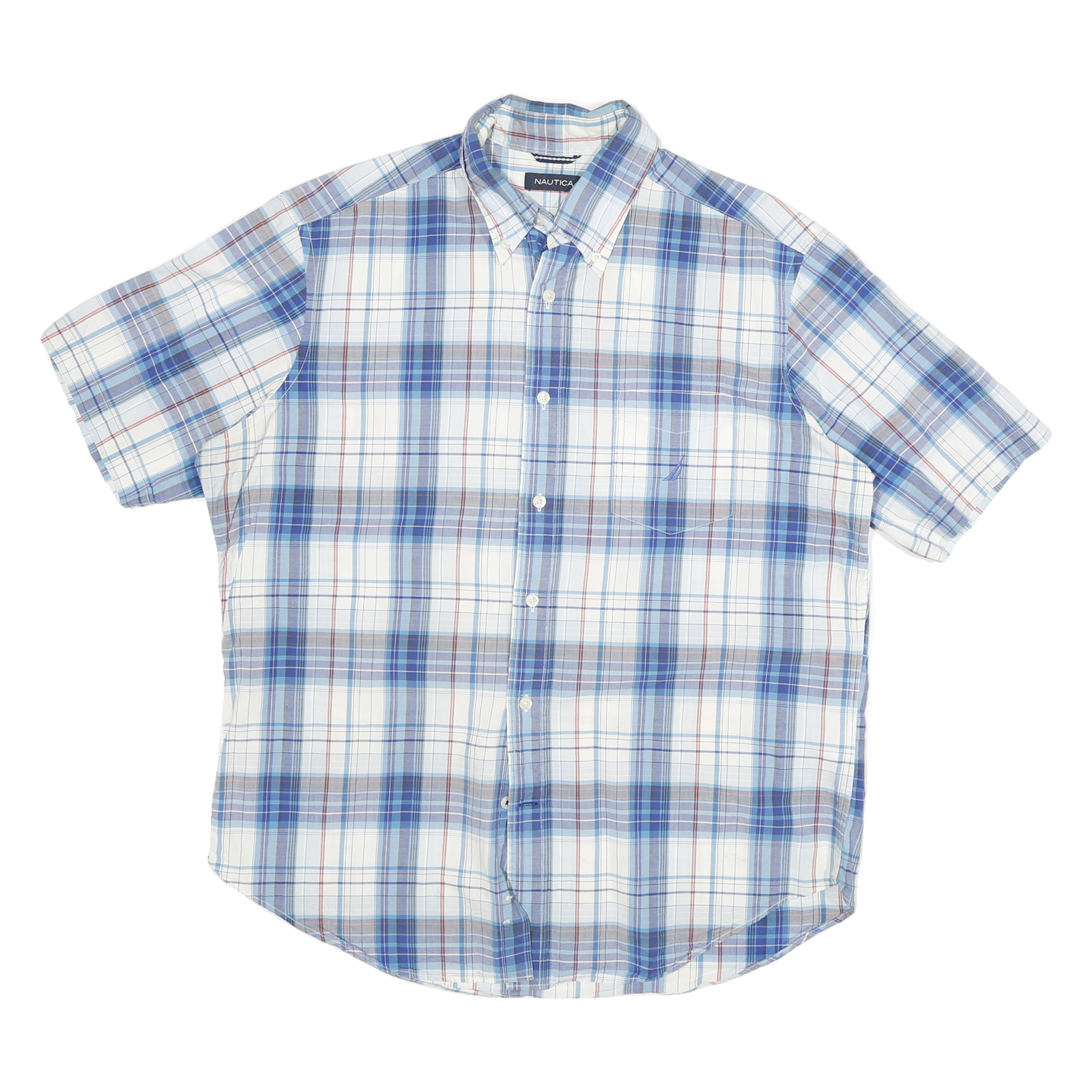NAUTICA Mens Blue White Check Cotton Blend Shirt L Casual Short Sleeve Button Refurbished - N/A refurbished available on Cerqular