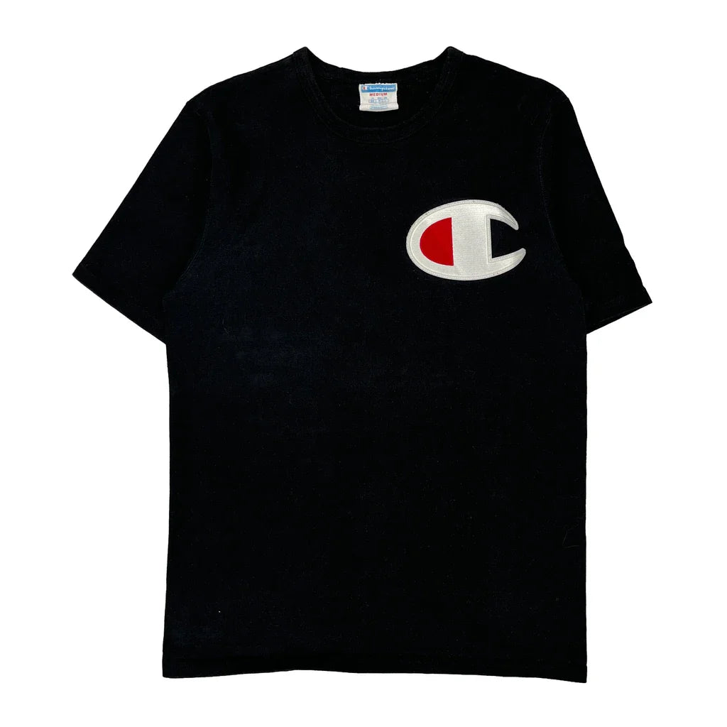 Champion T-Shirt - Medium Black Cotton Refurbished - Thrifted (note: this is a term often used to describe second- refurbished available on Cerqular