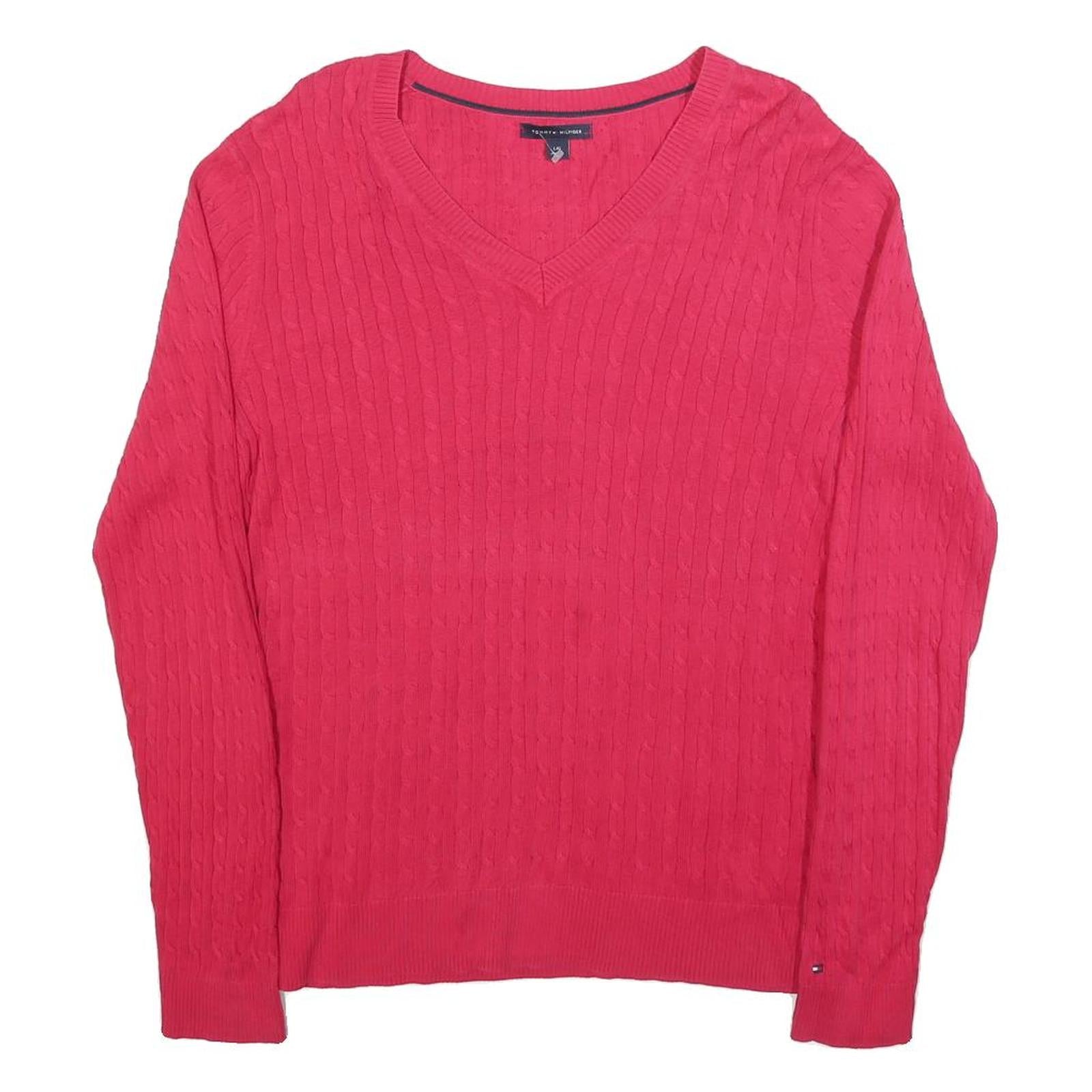 TOMMY HILFIGER Womens Red Cotton Patterned V Neck Jumper L Classic Cable Knit Refurbished - N/A refurbished available on Cerqular