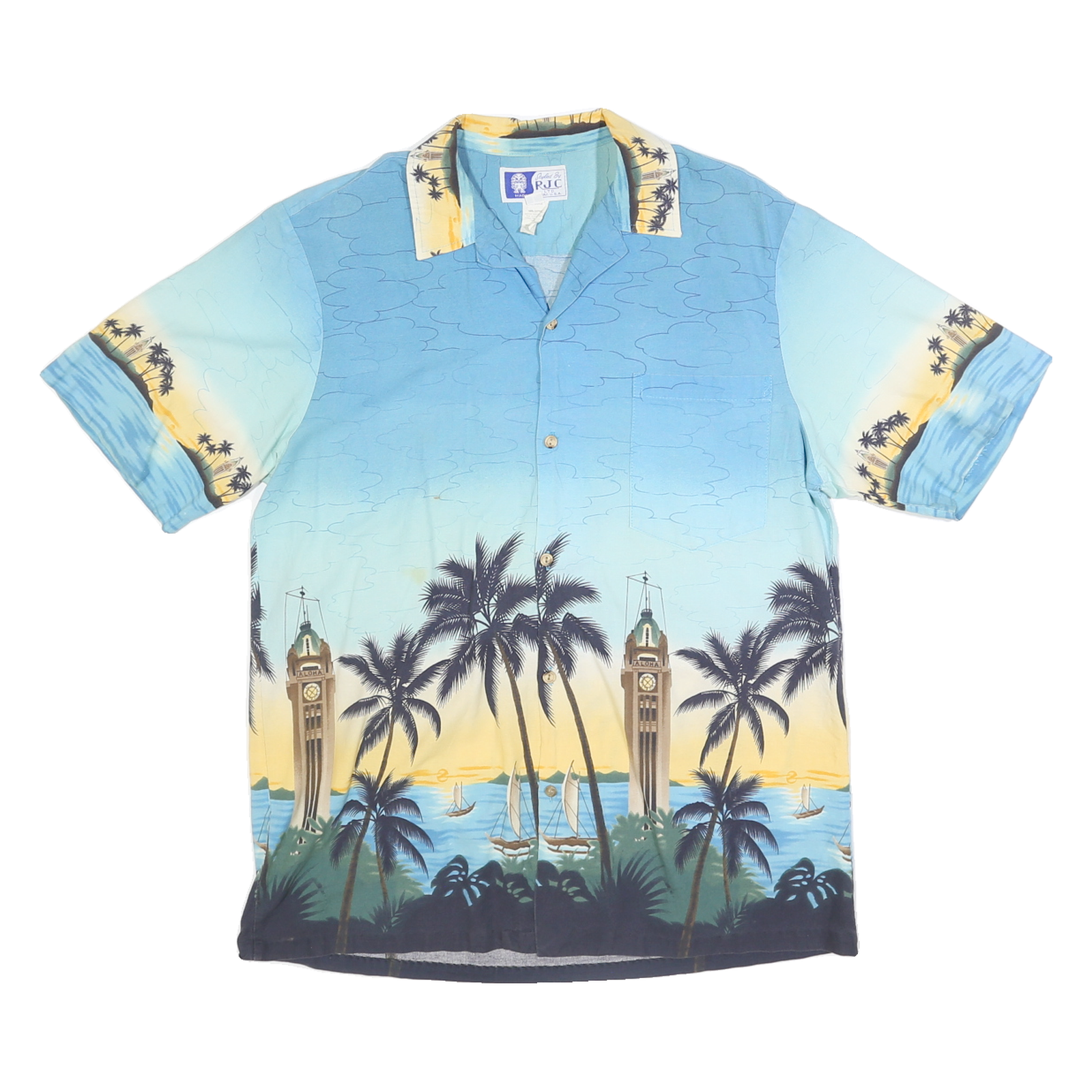 RJC Mens Blue Hawaiian Cotton Shirt L Tropical Palm Tree Print Casual Refurbished - N/A refurbished available on Cerqular