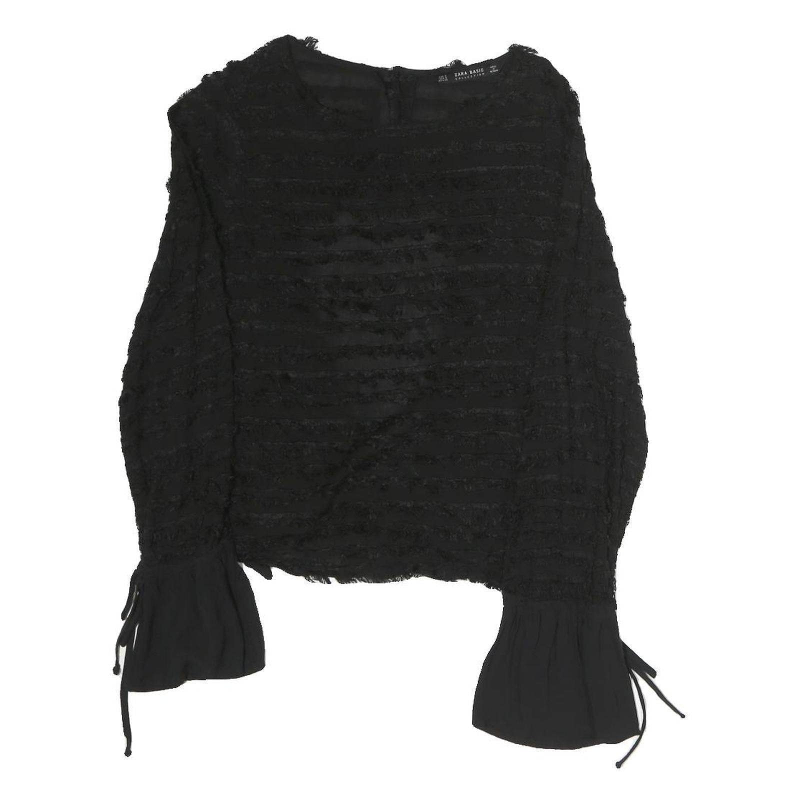 ZARA Womens Black Textured Long Sleeve Round Neck Top S Tie Detail Refurbished - N/A refurbished available on Cerqular