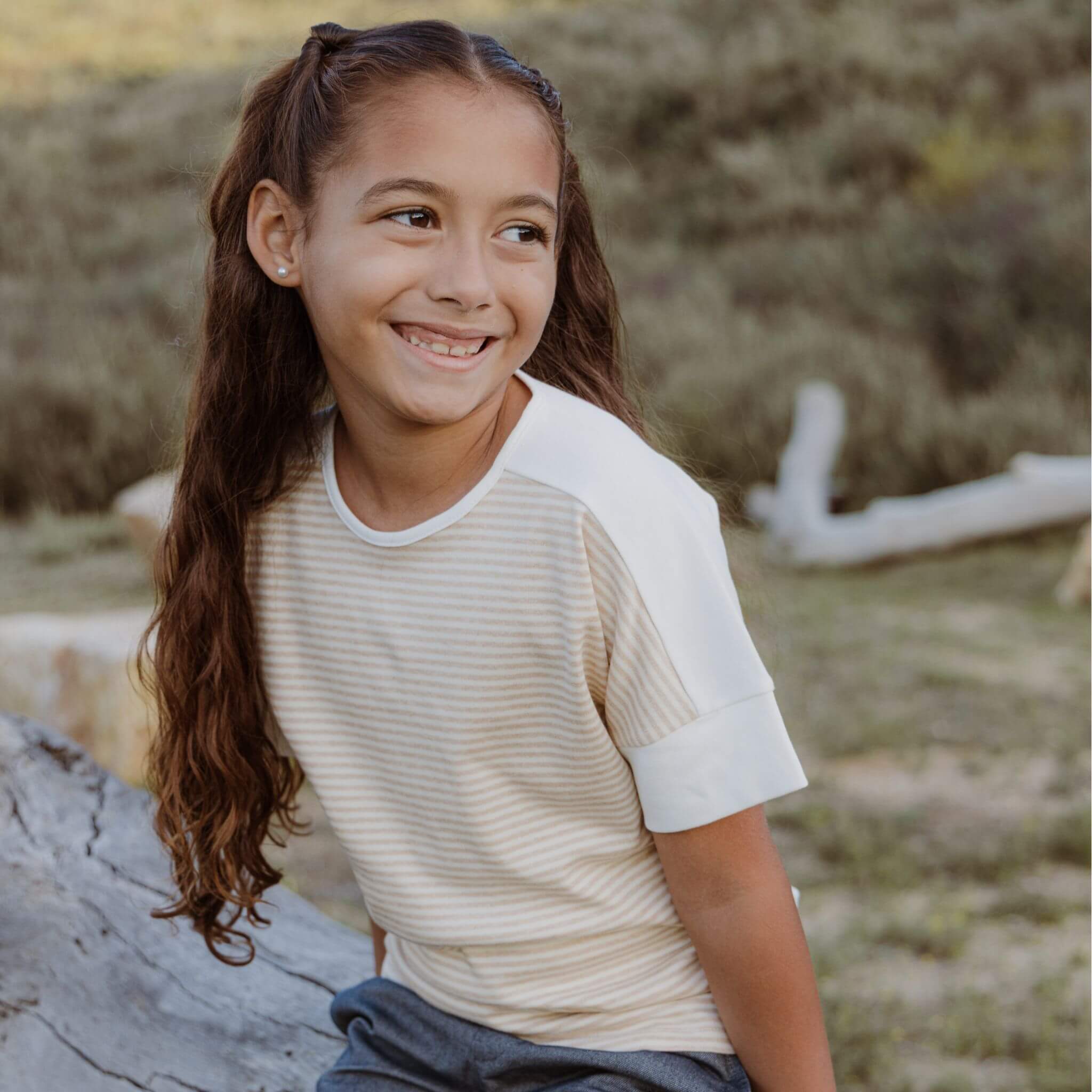 Dropped Shoulder Striped Tee | Color: Natural Beige Stripes | Size: 8-9 Refurbished - Firebird Kids refurbished available on Cerqular